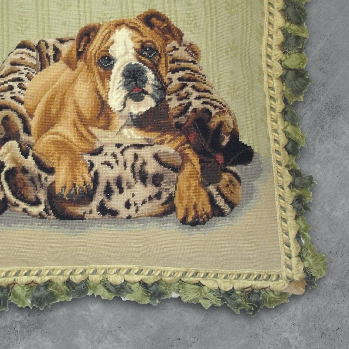 Handmade Wool Needlepoint Pillow Cover - Decorative Throw Cushion Cover - Vintage Floral Embroidery Design bull dog with mixed green tassel