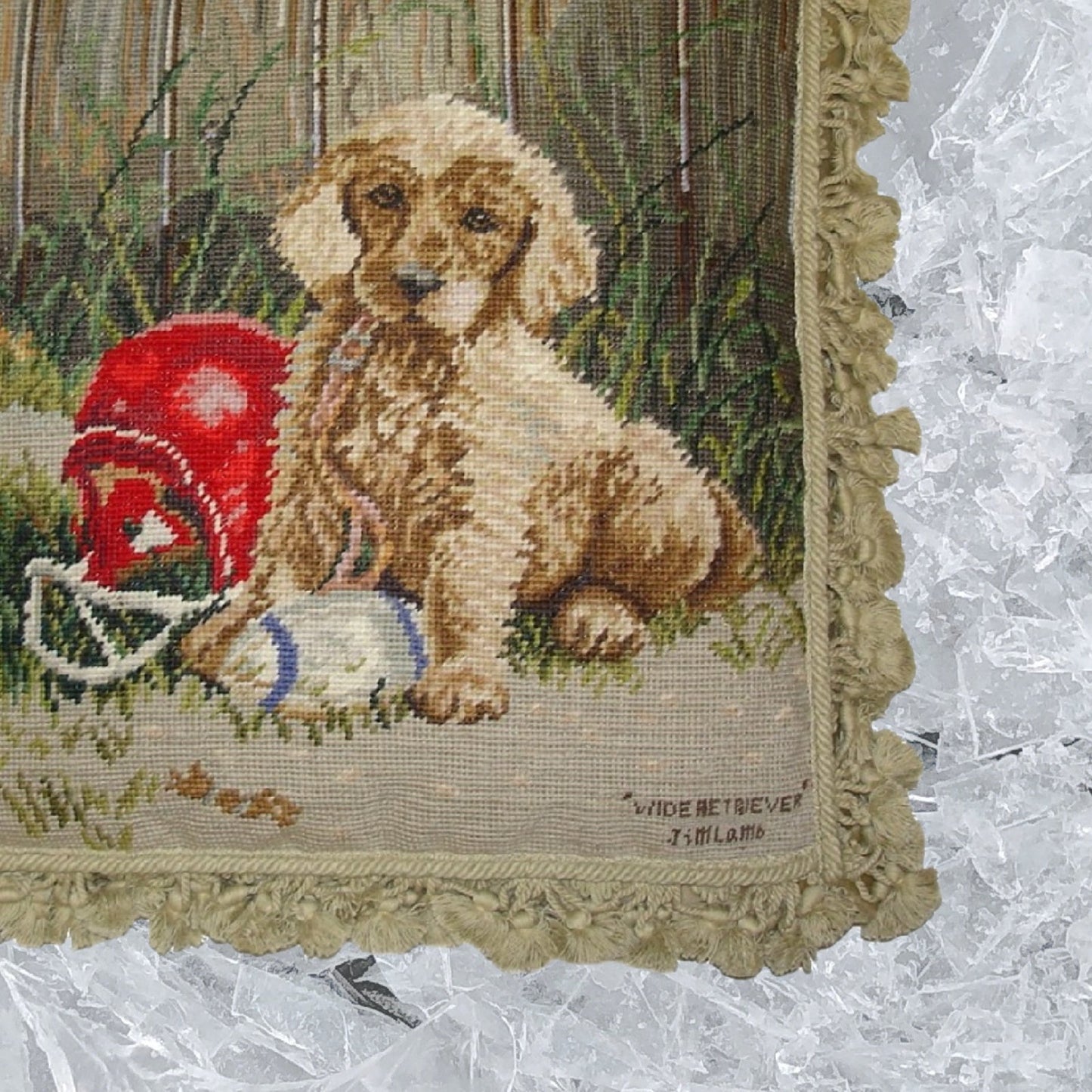 Handmade Wool Needlepoint Pillow Cover - Decorative Throw Cushion Cover - Vintage Floral Embroidery Design Jim Lambs designWide Retriever, &