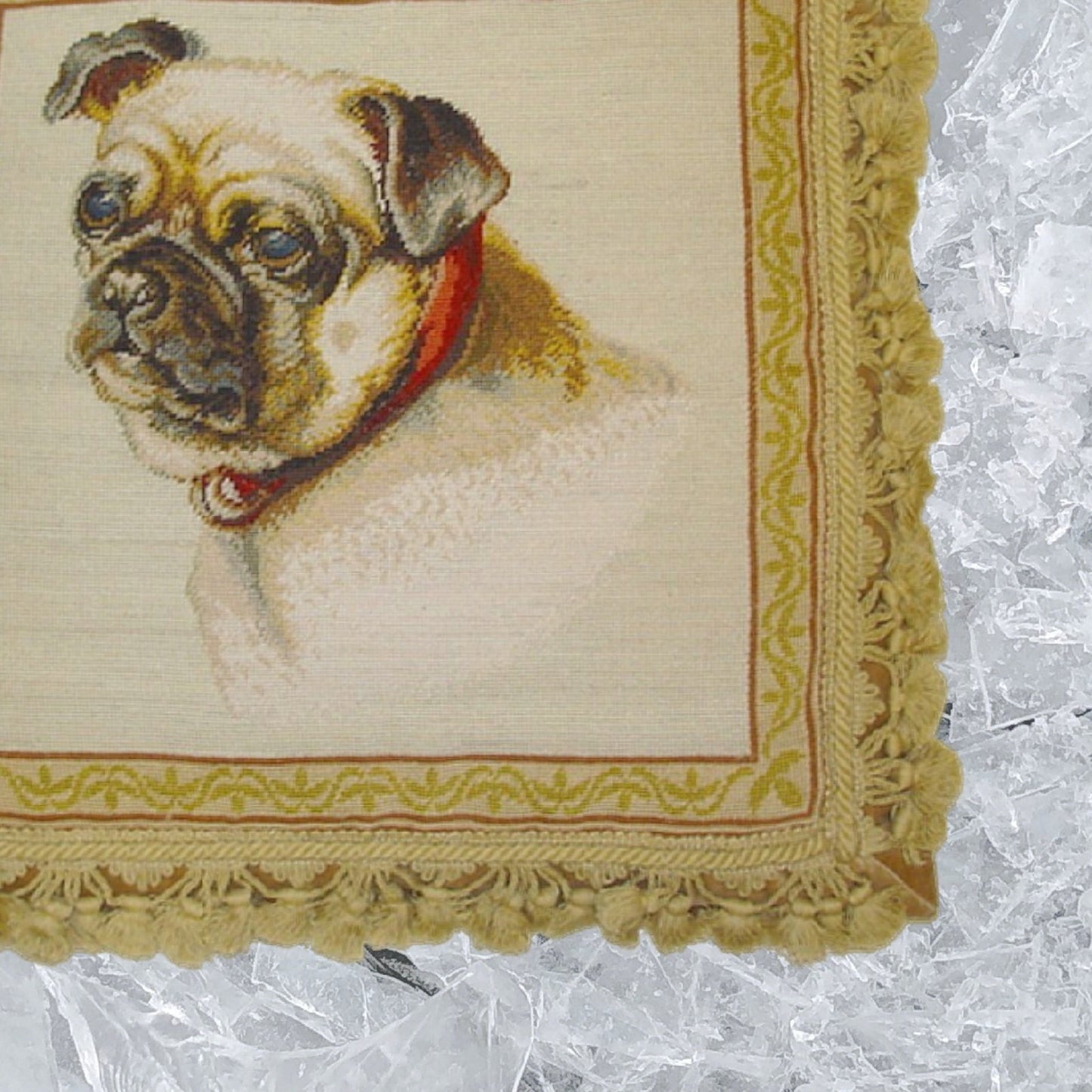 Handmade Wool Needlepoint Pillow Cover - Decorative Throw Cushion Cover - Vintage Floral Embroidery Design Pug dog nature background