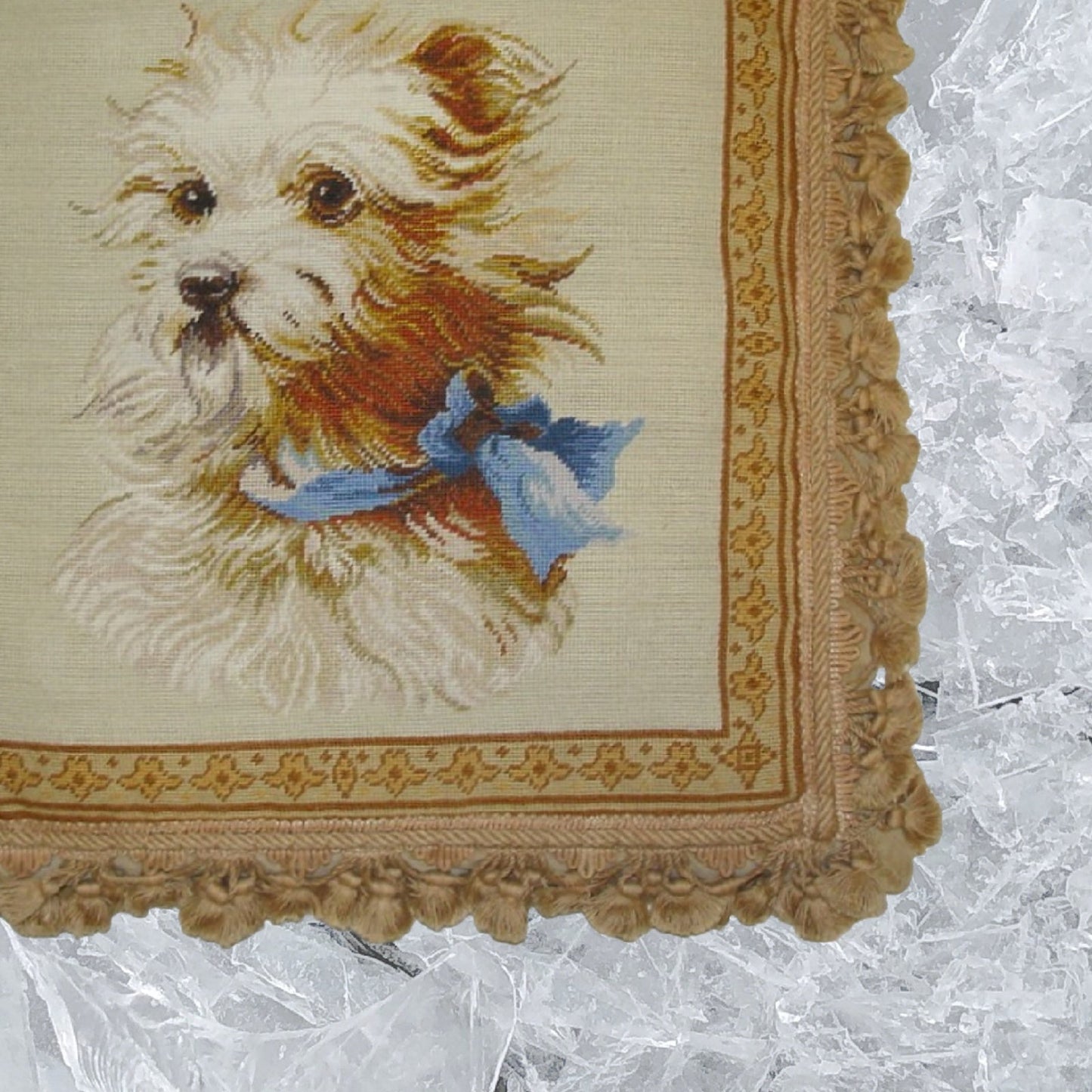 Handmade Wool Needlepoint Pillow Cover - Decorative Throw Cushion Cover - Vintage Floral Embroidery Design Terrier dog with nature tassel
