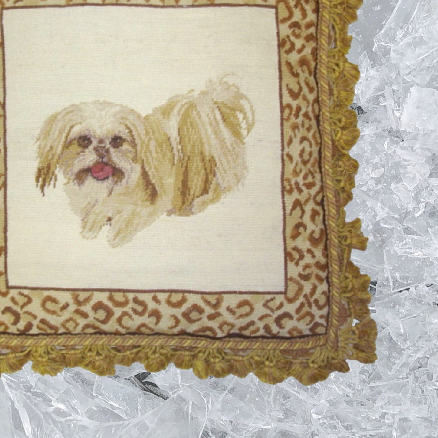 Handmade Wool Needlepoint Pillow Cover - Decorative Throw Cushion Cover - Vintage Floral Embroidery Design playfully Shih-Tzu with animal print frame 2 color tassels