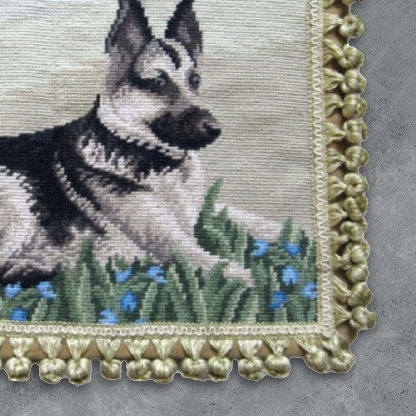 Handmade Wool Needlepoint Pillow Cover - Decorative Throw Cushion Cover - Vintage Floral Embroidery Design Geman Shepherd rest with tassel