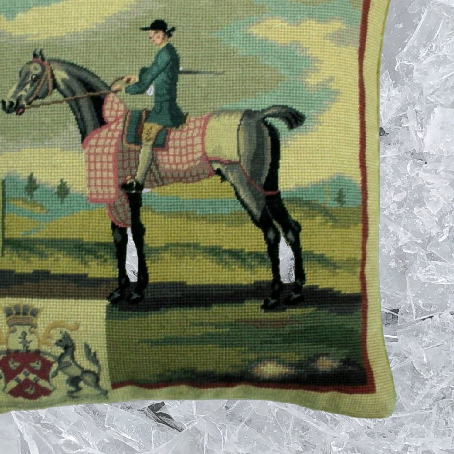Handmade Wool Needlepoint Pillow Cover - Decorative Throw Cushion Cover - Vintage Floral Embroidery Design rider in blue
