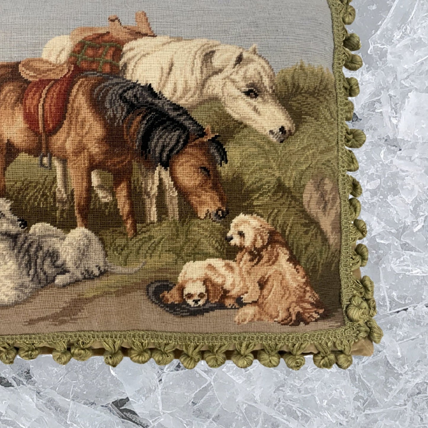 Handmade Wool Needlepoint Pillow Cover - Decorative Throw Cushion Cover - Vintage Floral Embroidery Design Horses & Dogs with 2 color tassels