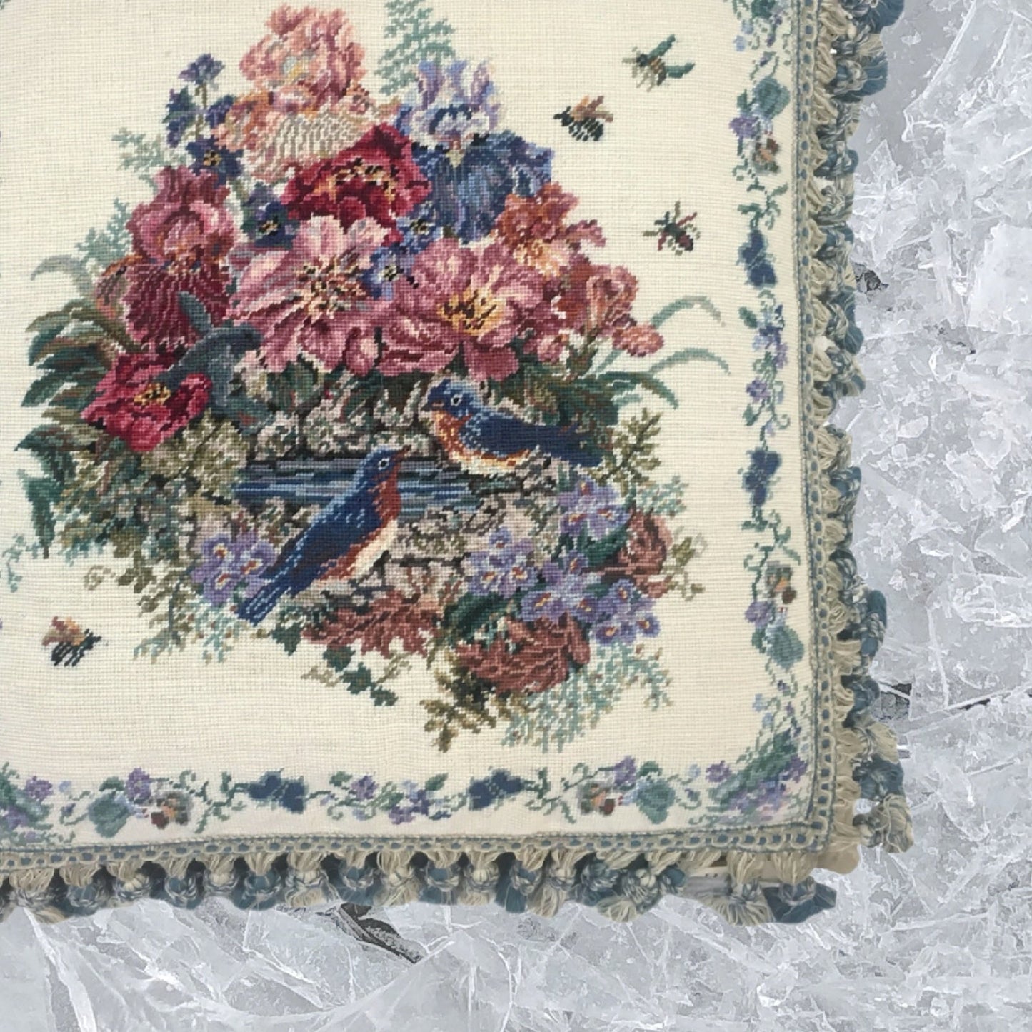 Handmade Wool Needlepoint Pillow Cover - Decorative Throw Cushion Cover - Vintage Floral Embroidery Design blue birds with tassel