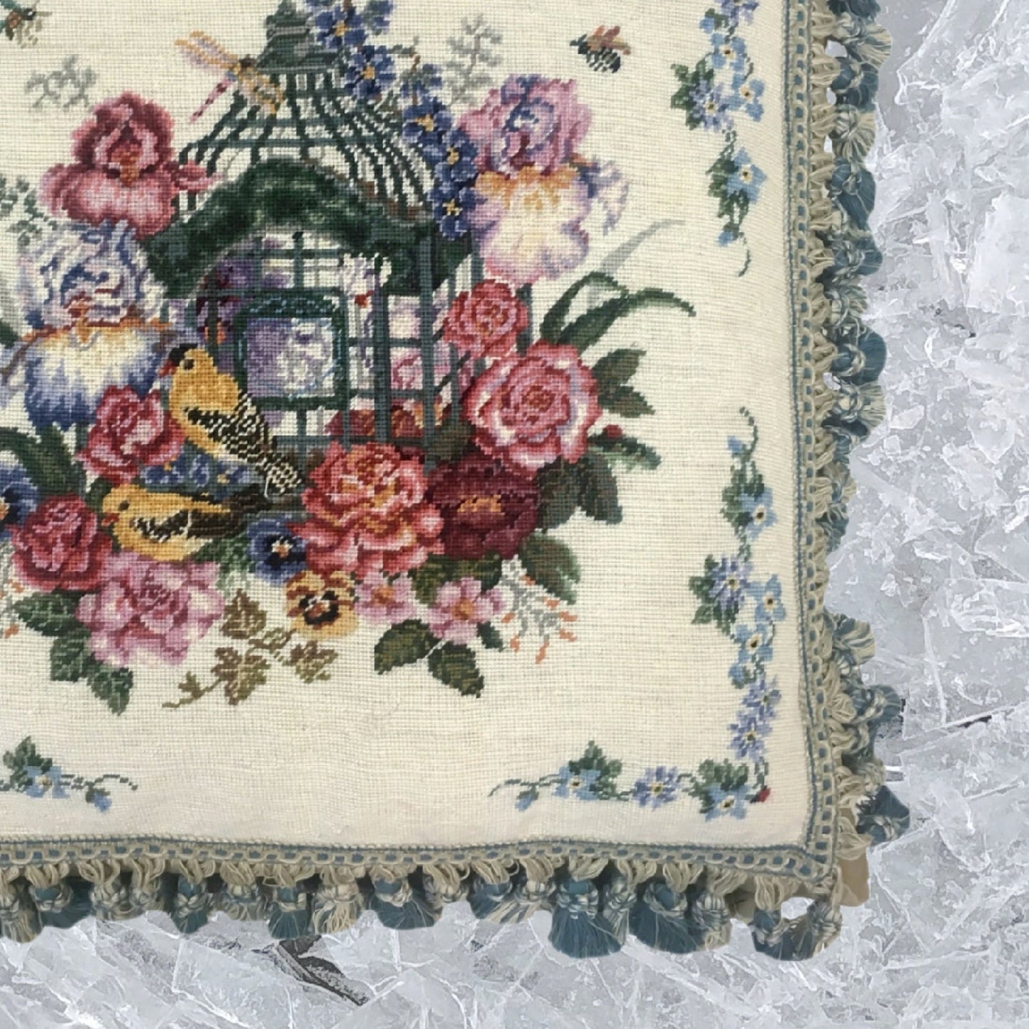 Handmade Wool Needlepoint Pillow Cover - Decorative Throw Cushion Cover - Vintage Floral Embroidery Design yellow birds with tassel