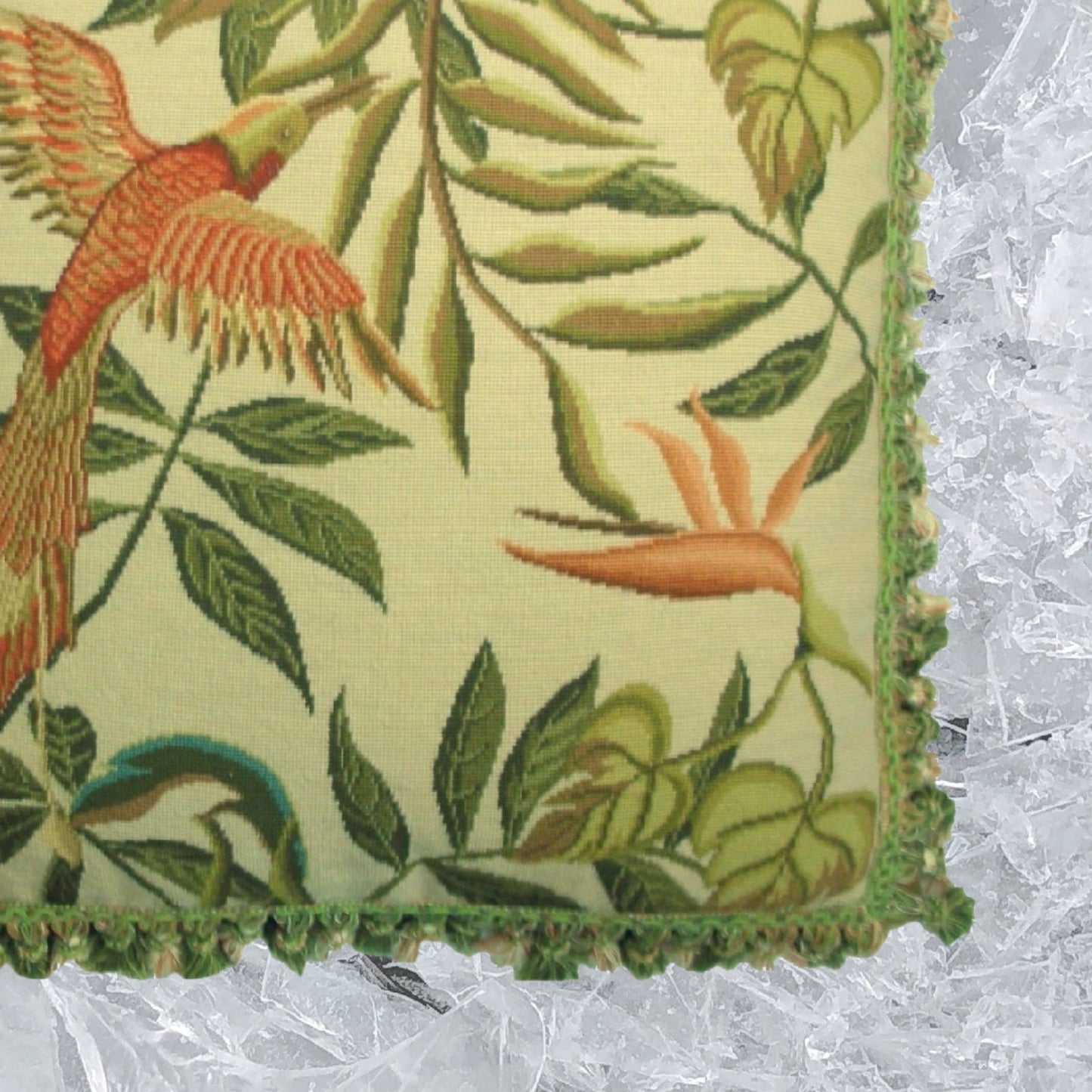 Handmade Wool Needlepoint Pillow Cover - Decorative Throw Cushion Cover - Vintage Floral Embroidery Design birds of Paradise with tassel 1