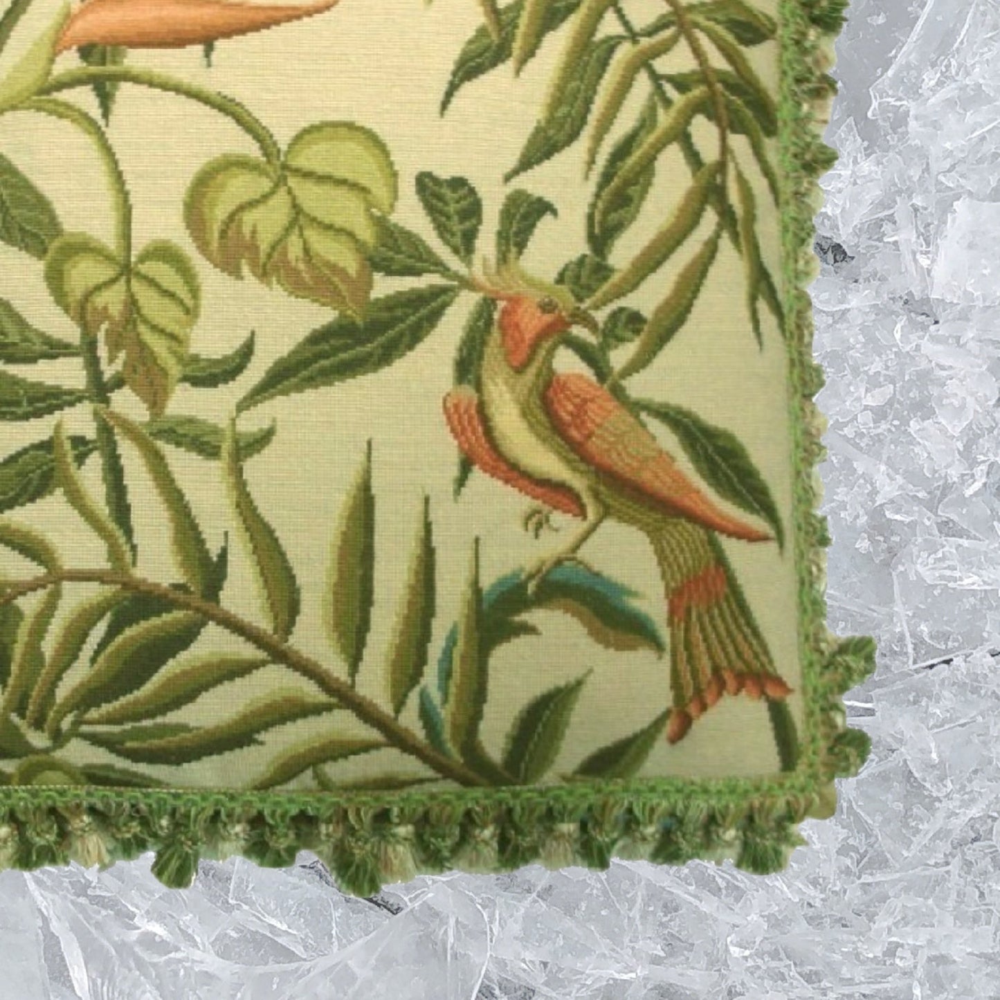 Handmade Wool Needlepoint Pillow Cover - Decorative Throw Cushion Cover - Vintage Floral Embroidery Design birds of Paradise with tassel