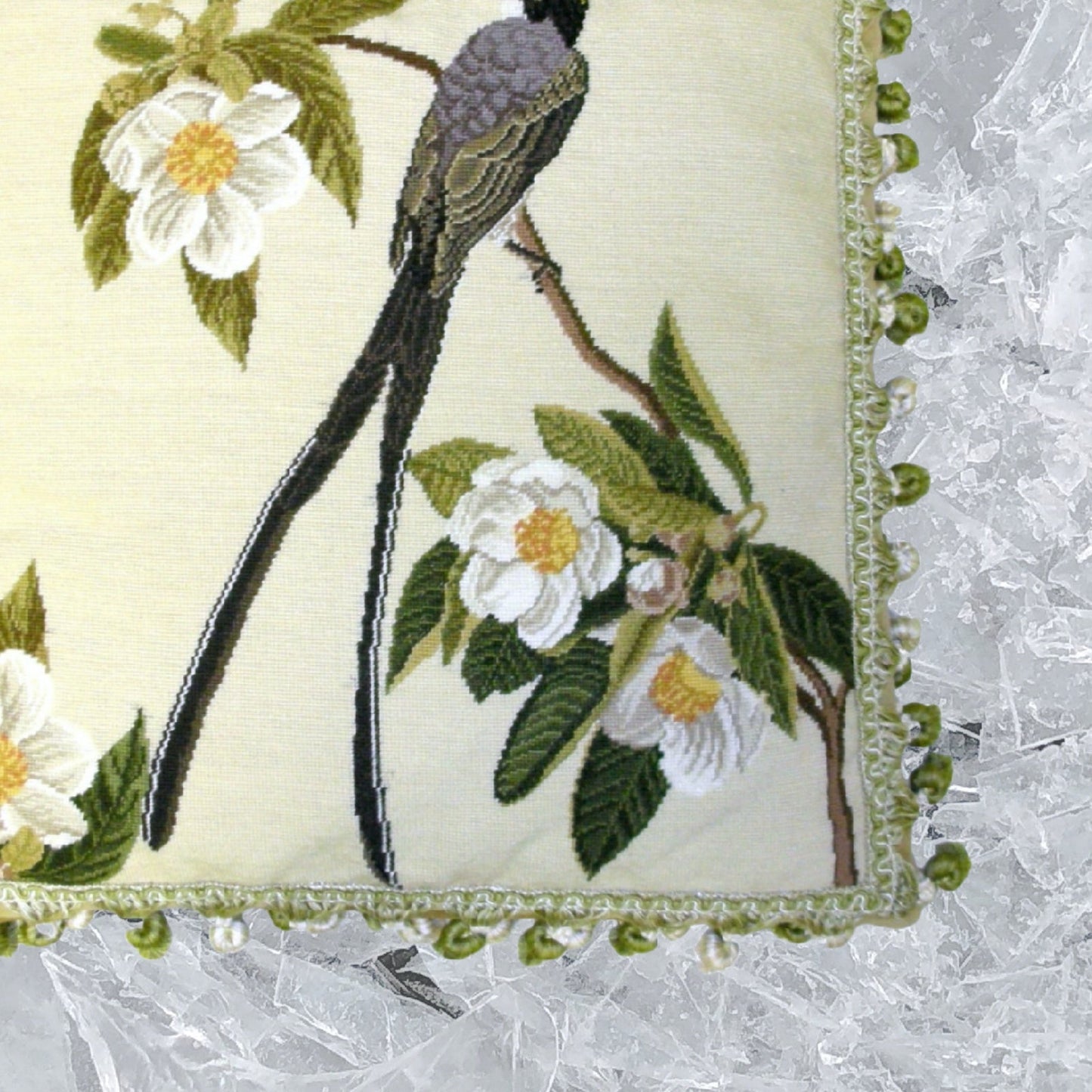 Handmade Wool Needlepoint Pillow Cover - Decorative Throw Cushion Cover - Vintage Floral Embroidery Design bird & magnolia with 2 color tassel