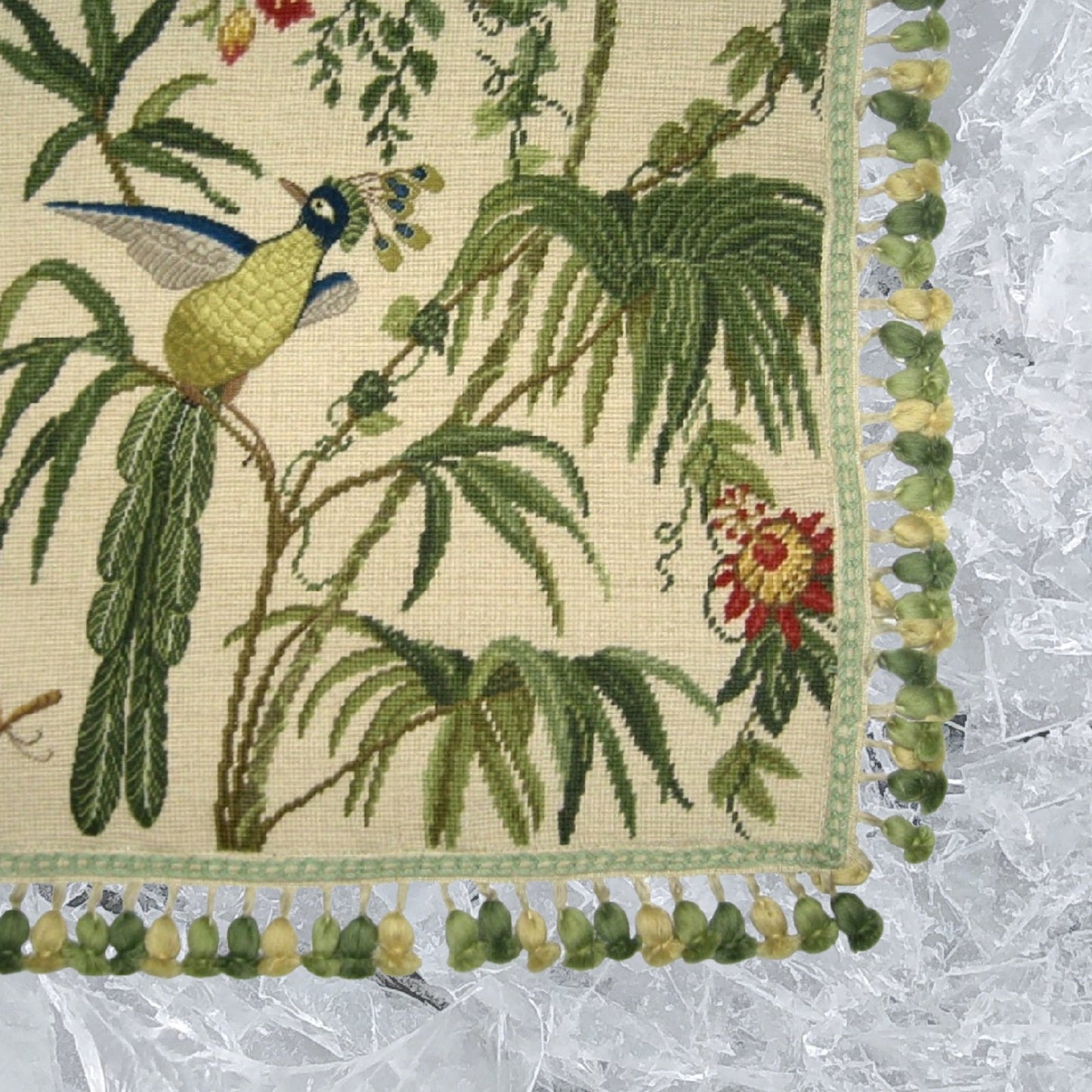 Handmade Wool Needlepoint Pillow Cover - Decorative Throw Cushion Cover - Vintage Floral Embroidery Design blue phoenix with tassel