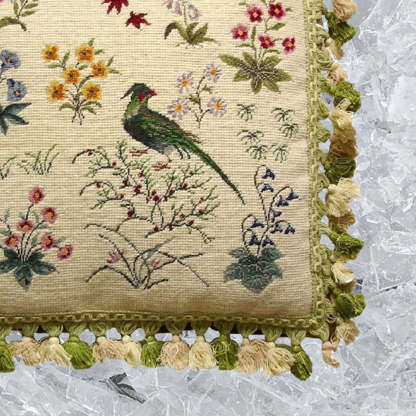 Handmade Wool Needlepoint Pillow Cover - Decorative Throw Cushion Cover - Vintage Floral Embroidery Design w/3 color tassel 2