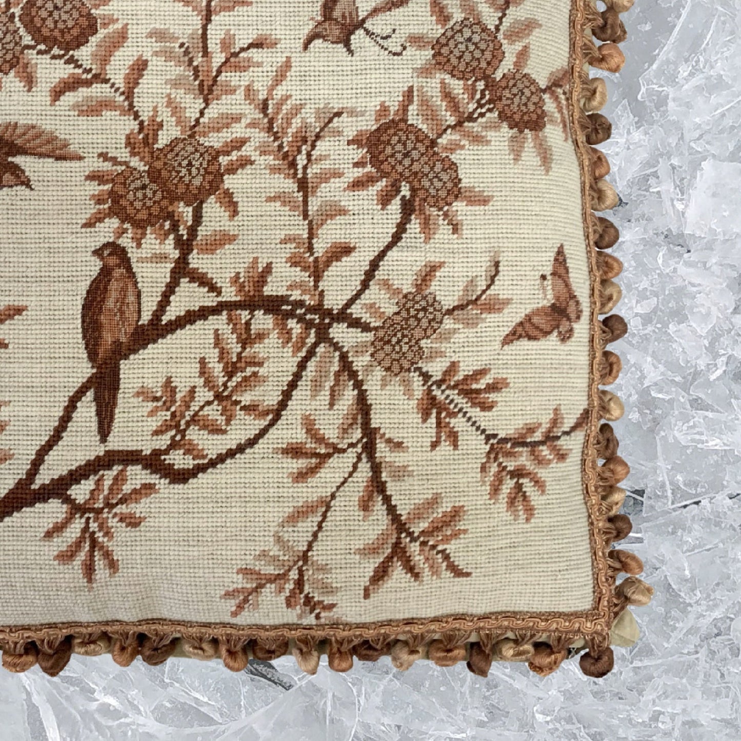Handmade Wool Needlepoint Pillow Cover - Decorative Throw Cushion Cover - Vintage Floral Embroidery Design antique tree swallows butterfliers with tassels 1