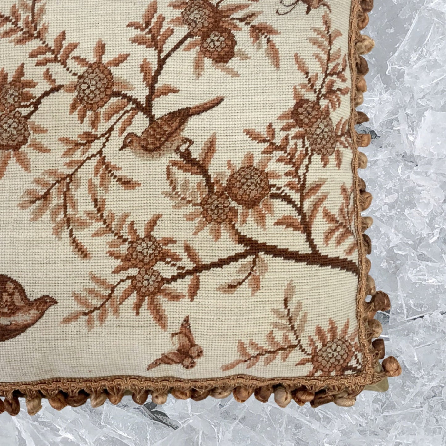 Handmade Wool Needlepoint Pillow Cover - Decorative Throw Cushion Cover - Vintage Floral Embroidery Design antique tree swallows butterfliers with tassels