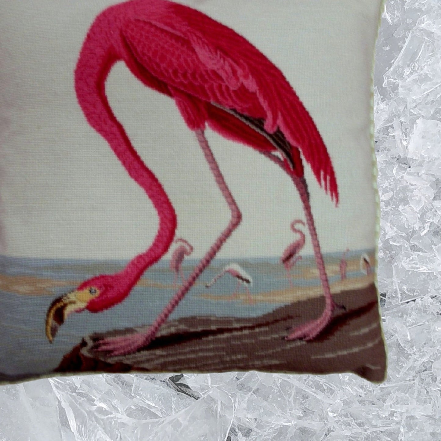 Handmade Wool Needlepoint Pillow Cover - Decorative Throw Cushion Cover - Vintage Floral Embroidery Design ancient Flamingo with cording