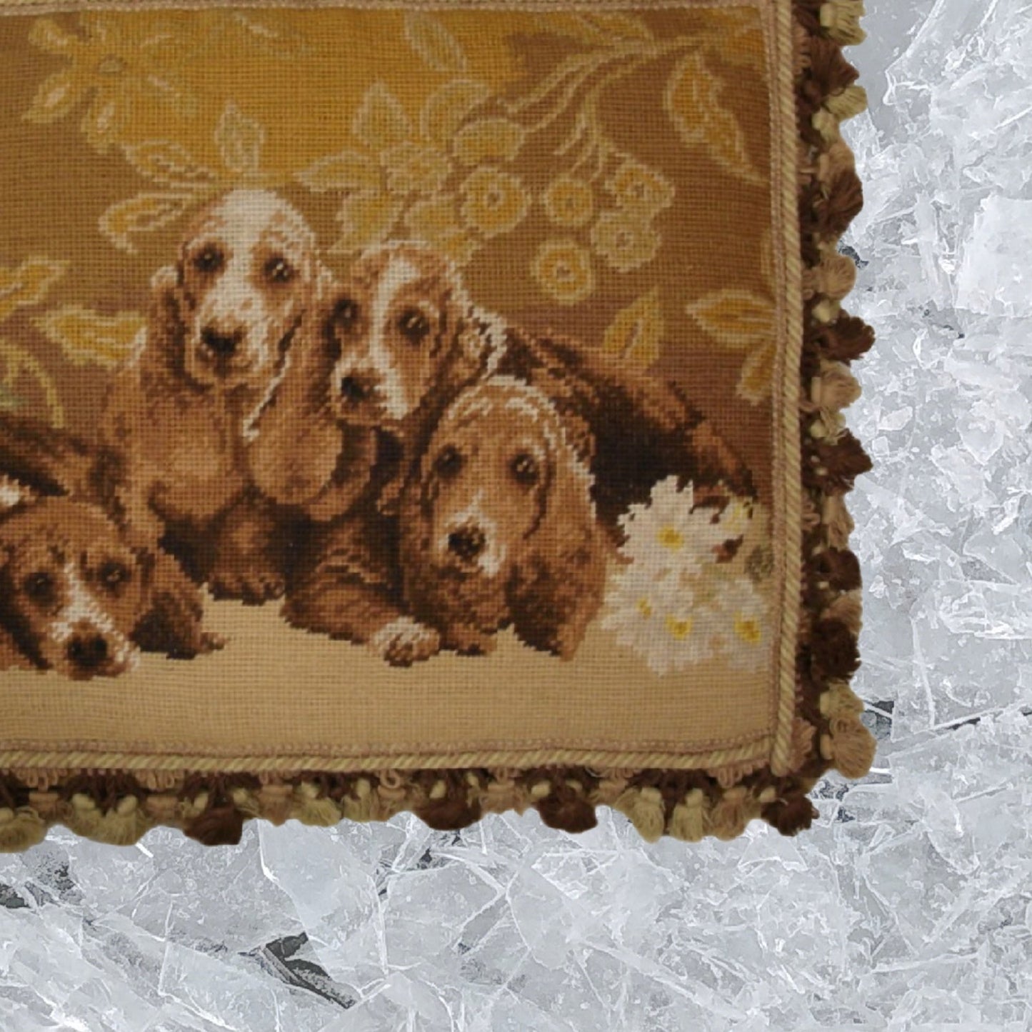 Handmade Wool Needlepoint Pillow Cover - Decorative Throw Cushion Cover - Vintage Floral Embroidery Design 4 Basset Hound with tassel