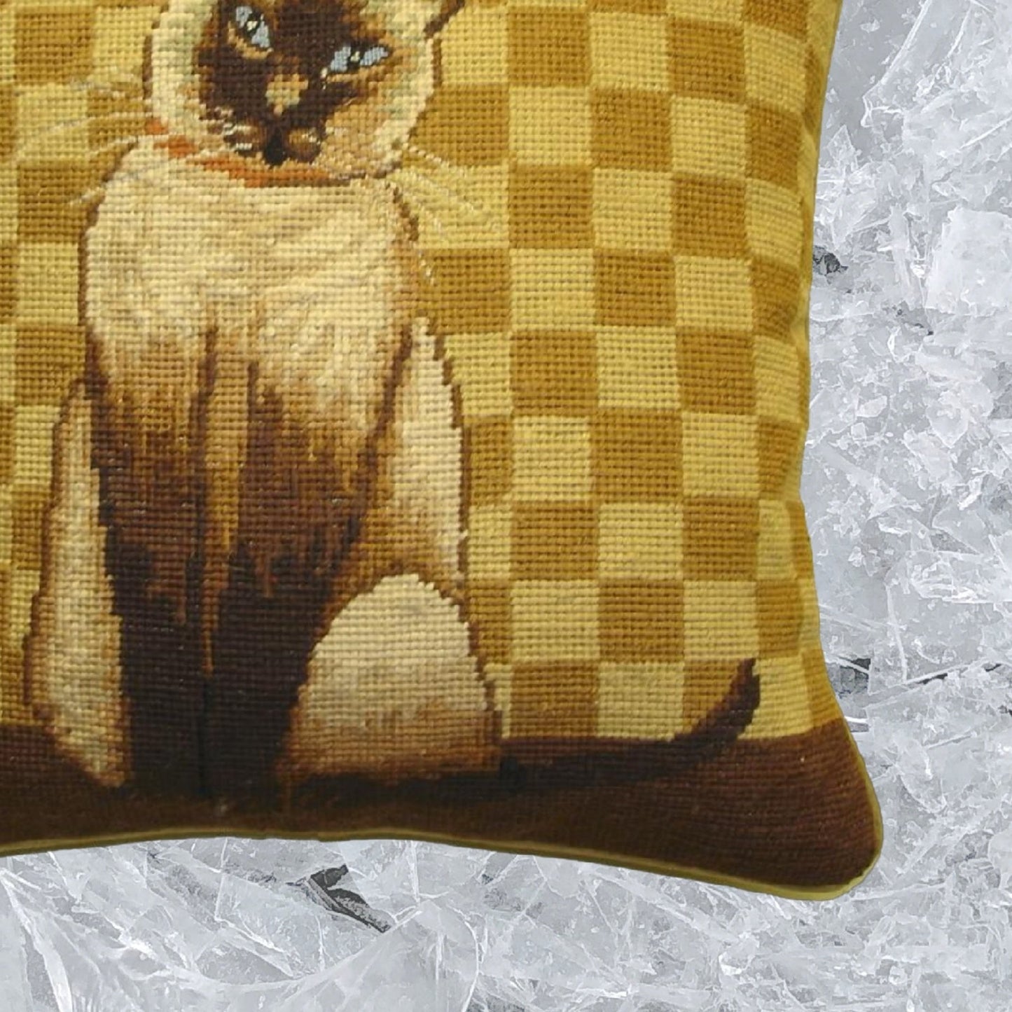 Handmade Wool Needlepoint Pillow Cover - Decorative Throw Cushion Cover - Vintage Floral Embroidery Design with badge brown cat gold checker