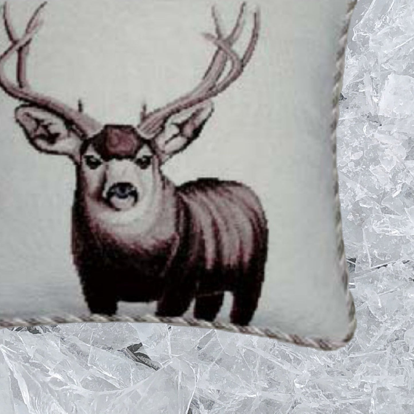 Handmade Wool Needlepoint Pillow Cover - Decorative Throw Cushion Cover - Vintage Floral Embroidery Design Moose with 3 color cording