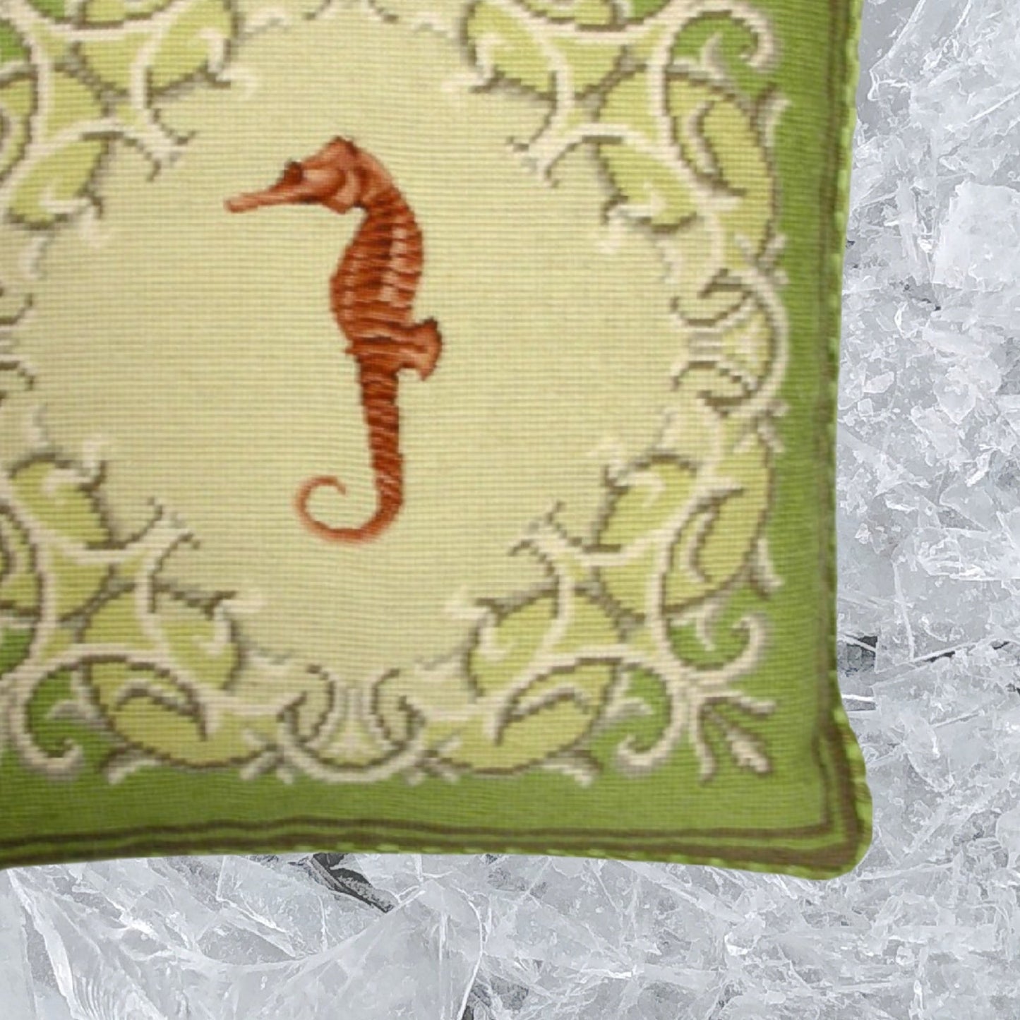 Handmade Wool Needlepoint Pillow Cover - Decorative Throw Cushion Cover - Vintage Floral Embroidery Design seahorse with checker cording