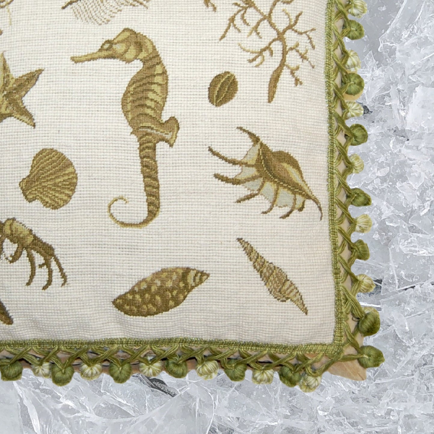 Handmade Wool Needlepoint Pillow Cover - Decorative Throw Cushion Cover - Vintage Floral Embroidery Design green sea-horse with tassels