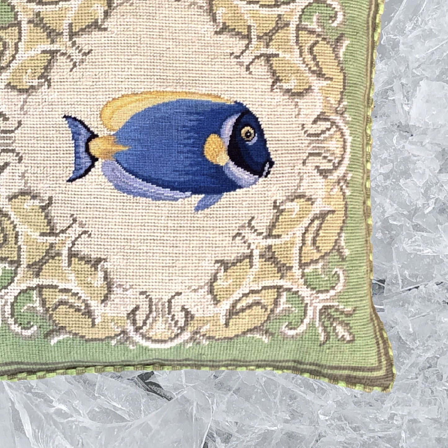 Handmade Wool Needlepoint Pillow Cover - Decorative Throw Cushion Cover - Vintage Floral Embroidery DesignFienst tropical fish - Surgeonfish with green frame checker cording