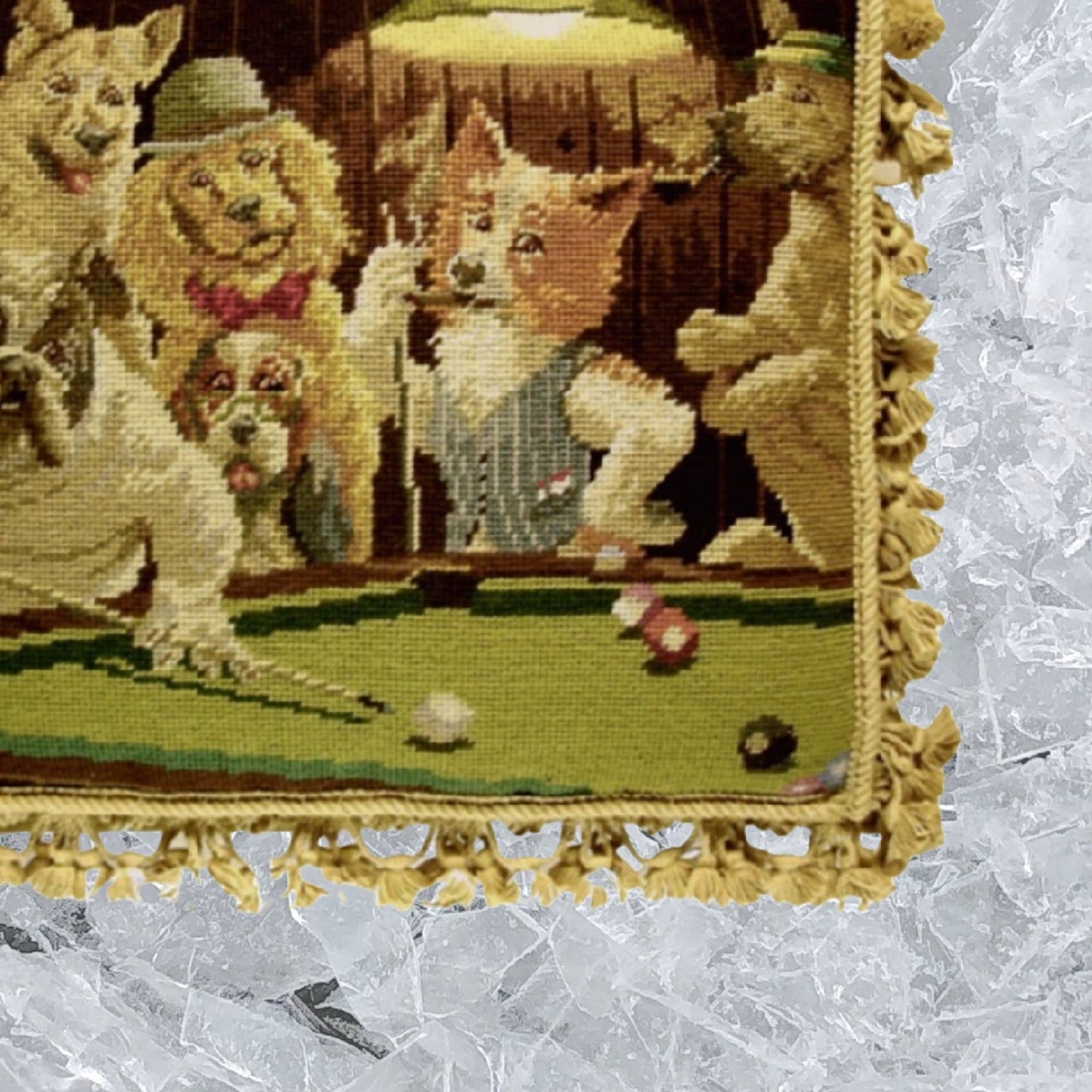 Handmade Wool Needlepoint Pillow Cover - Decorative Throw Cushion Cover - Vintage Floral Embroidery Design dogs playing pool with tassel