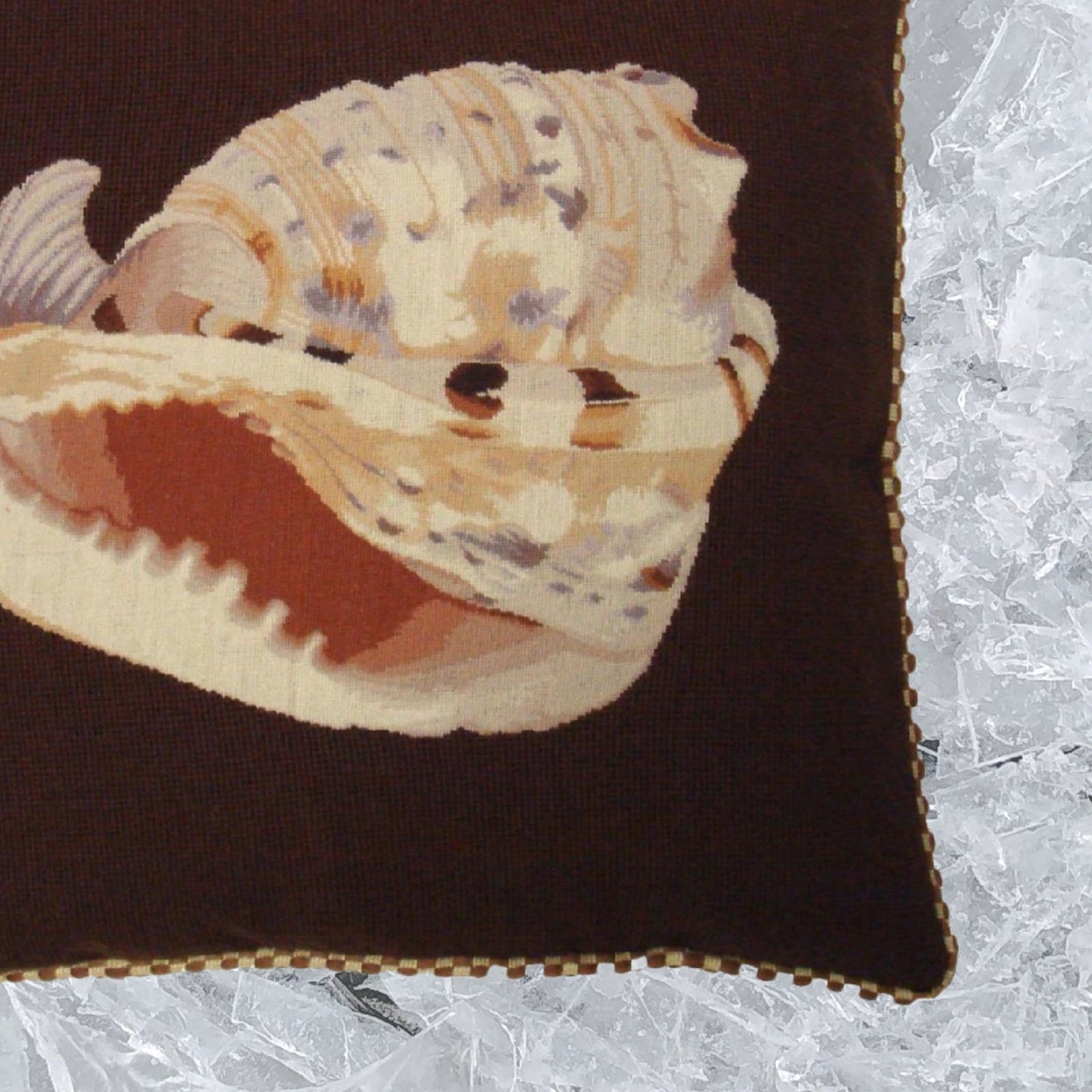 Handmade Wool Needlepoint Pillow Cover - Decorative Throw Cushion Cover - Vintage Floral Embroidery Design Conch shell dark brown background with cording