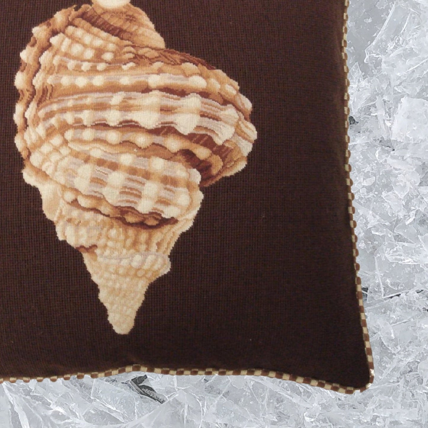 Handmade Wool Needlepoint Pillow Cover - Decorative Throw Cushion Cover - Vintage Floral Embroidery Design Hawaii Granulated frog shell dark brown background with cording
