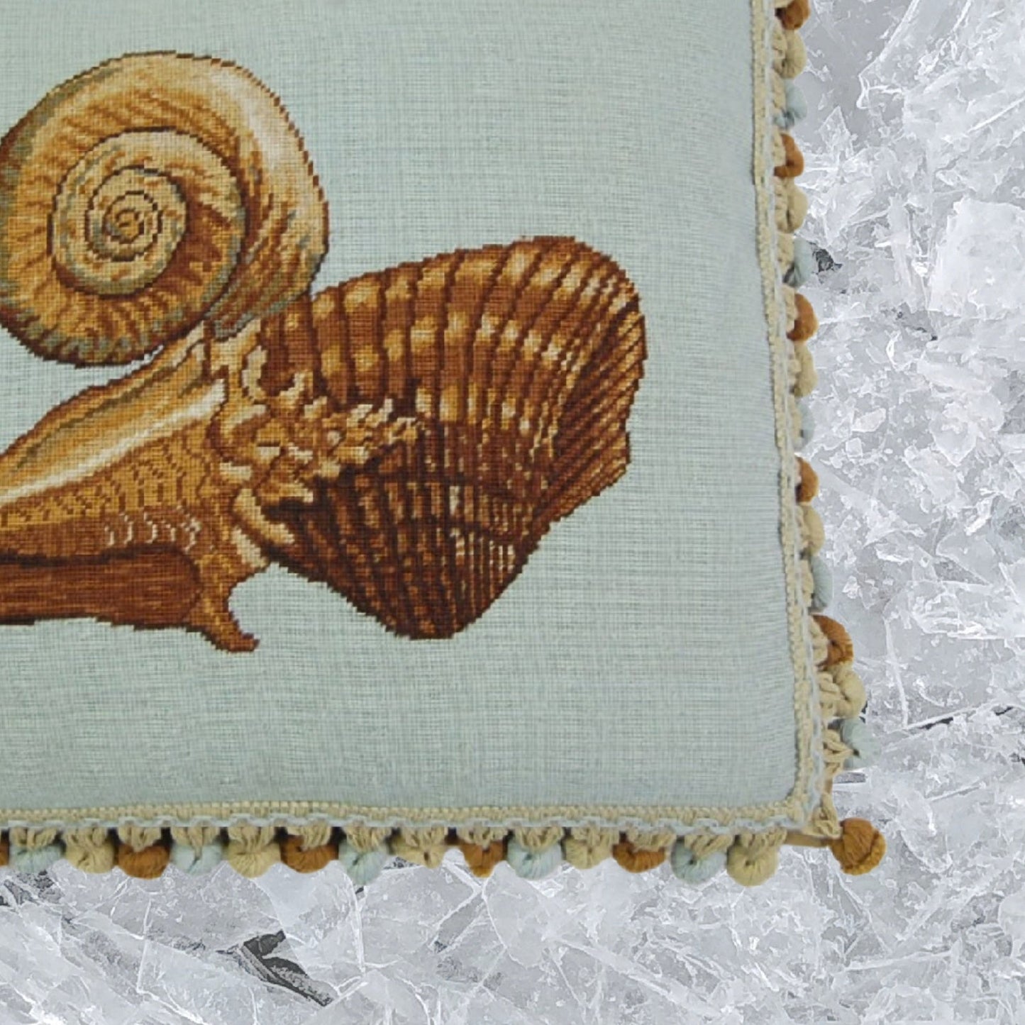 Handmade Wool Needlepoint Pillow Cover - Decorative Throw Cushion Cover - Vintage Floral Embroidery Design blue background fan shell and other sea shells with tassels