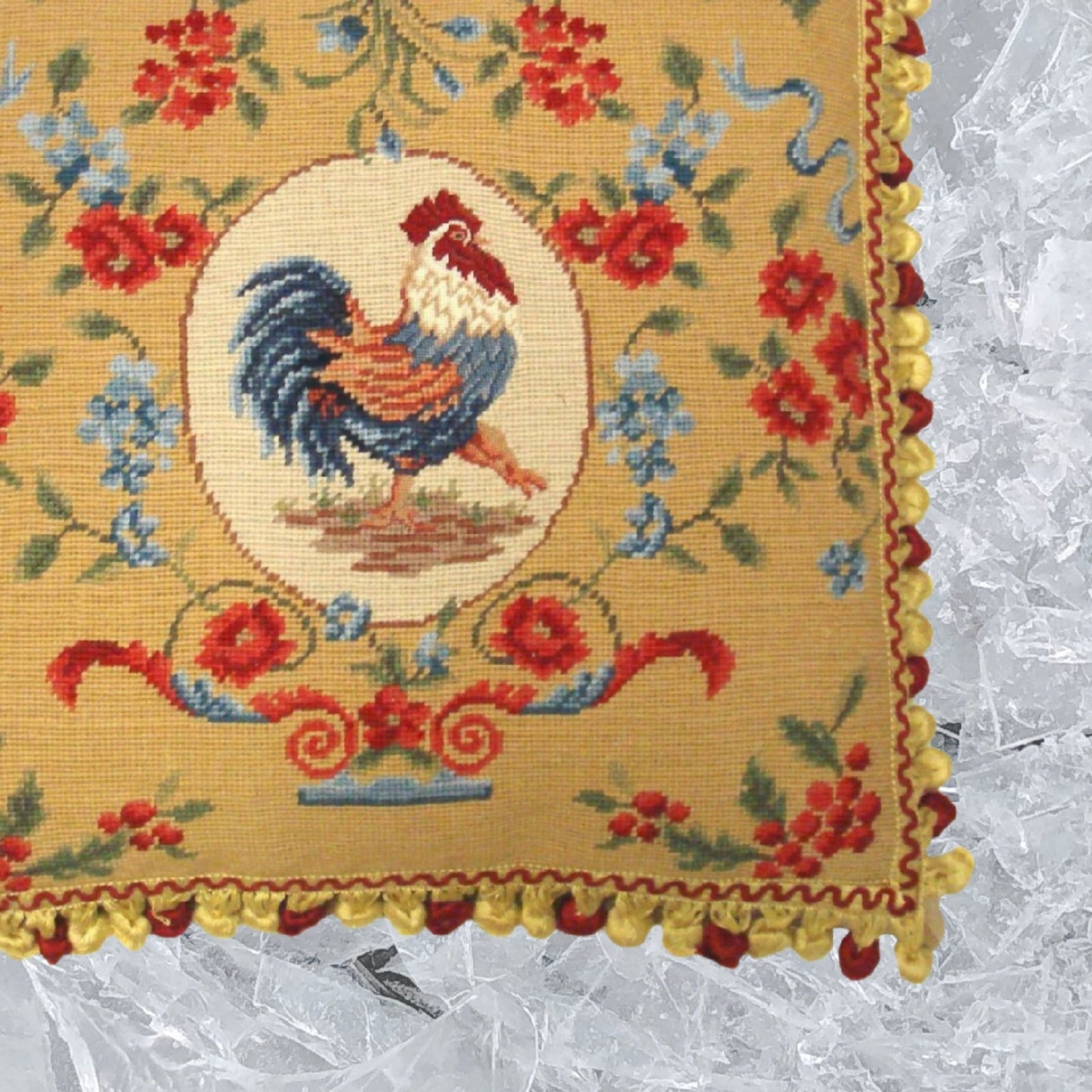 Handmade Wool Needlepoint Pillow Cover - Decorative Throw Cushion Cover - Vintage Floral Embroidery Design chicken floral with tassels 1
