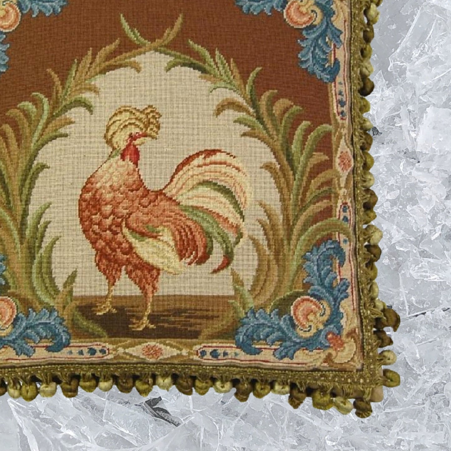 Handmade Wool Needlepoint Pillow Cover - Decorative Throw Cushion Cover - Vintage Floral Embroidery Design Old World gallinaceous game bird -partridge looking back with tassels 1