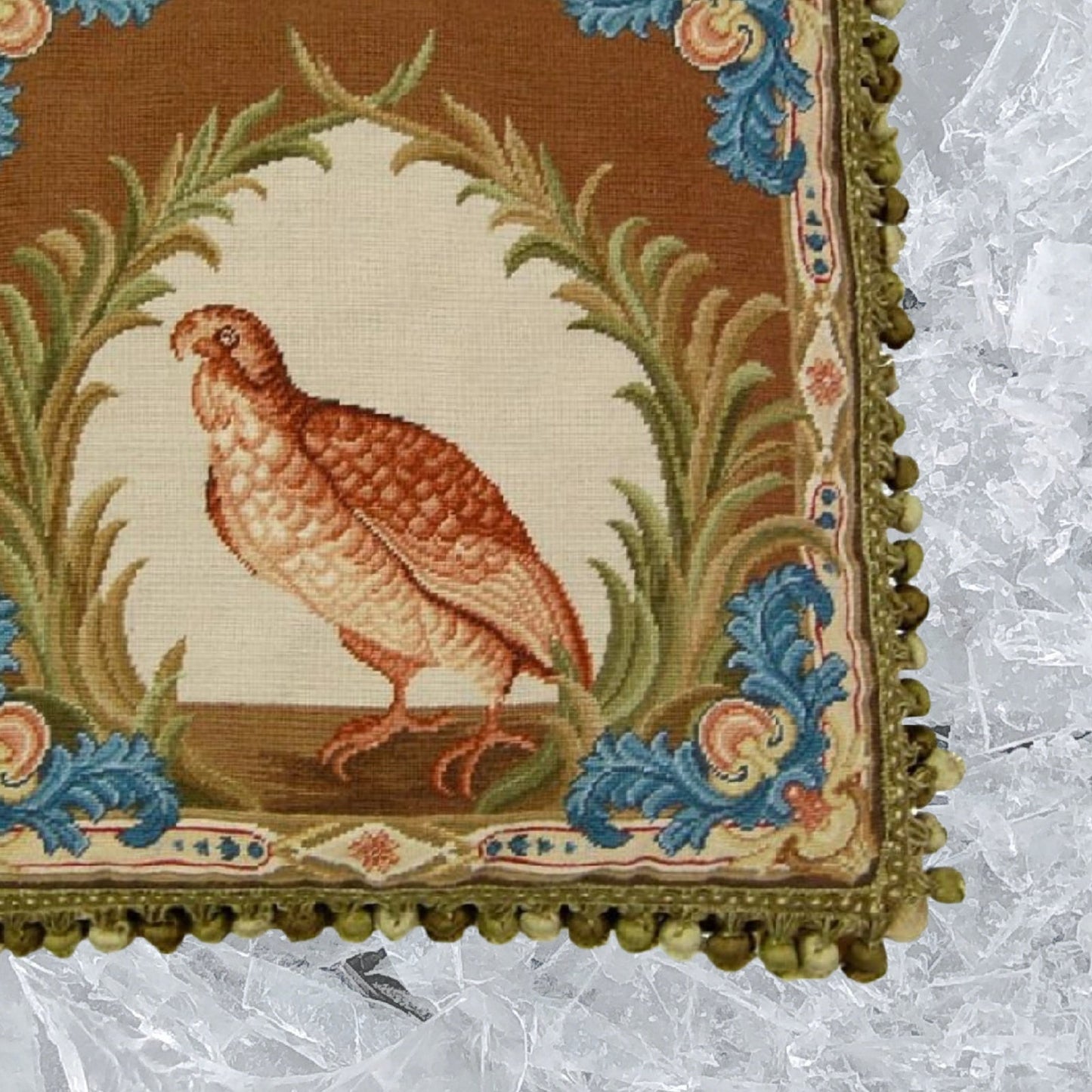 Handmade Wool Needlepoint Pillow Cover - Decorative Throw Cushion Cover - Vintage Floral Embroidery Design Old World gallinaceous game bird -partridge looking forward with tassels2