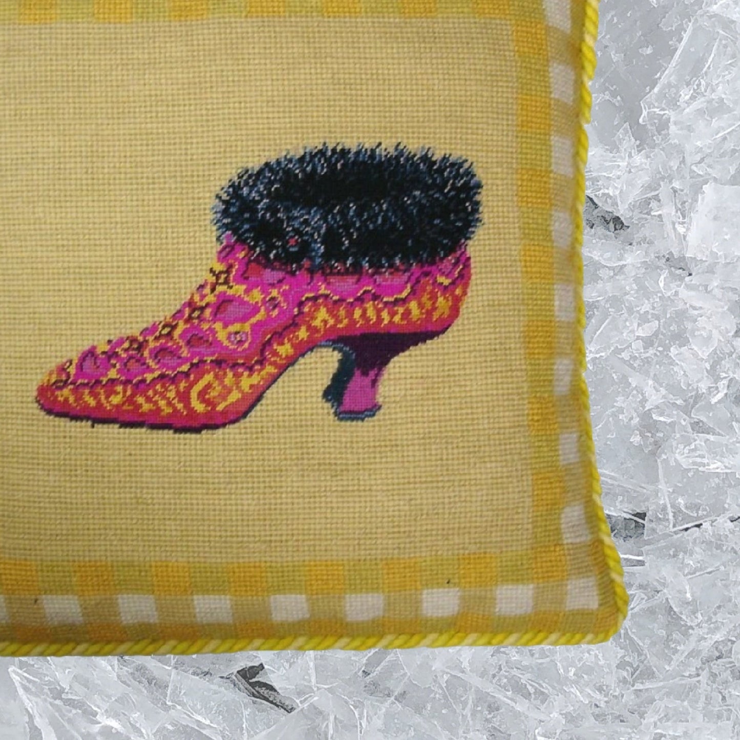 Handmade Wool Needlepoint Pillow Cover - Decorative Throw Cushion Cover - Vintage Floral Embroidery Design fur shoe yellow background with 2 color cording