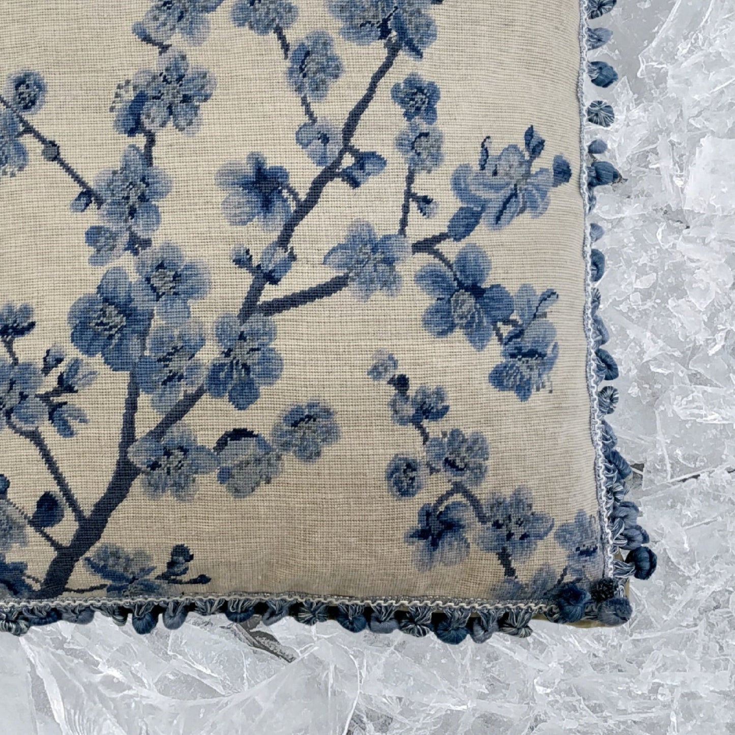 Handmade Wool Needlepoint Pillow Cover - Decorative Throw Cushion Cover - Vintage Floral Embroidery Design blue blooming plums with tassels