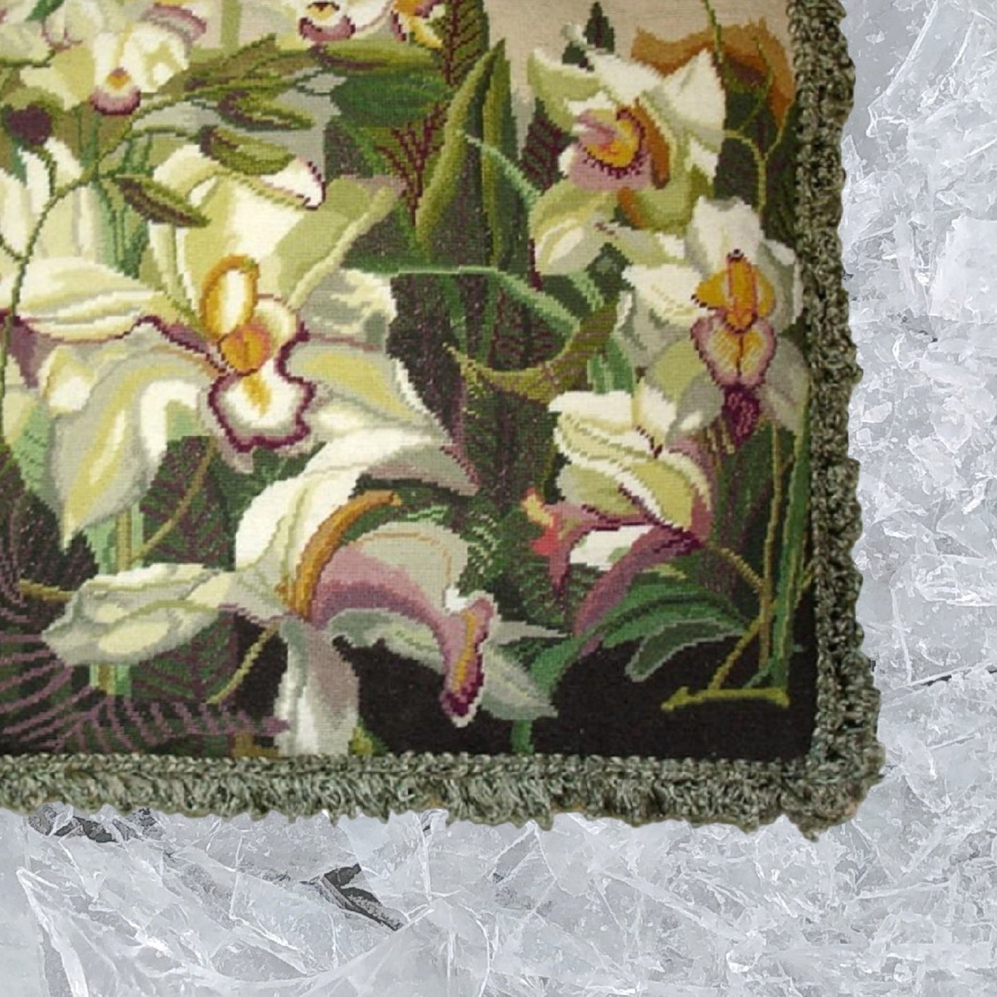 Handmade Wool Needlepoint Pillow Cover - Decorative Throw Cushion Cover - Vintage Floral Embroidery Design Iris in shade of ivory, pink purple, yellow green, with green tassels