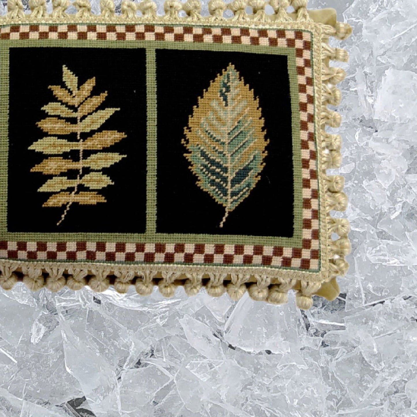 Handmade Wool Needlepoint Pillow Cover - Decorative Throw Cushion Cover - Vintage Floral Embroidery Design 3 leaves, L-L, black background with tassels
