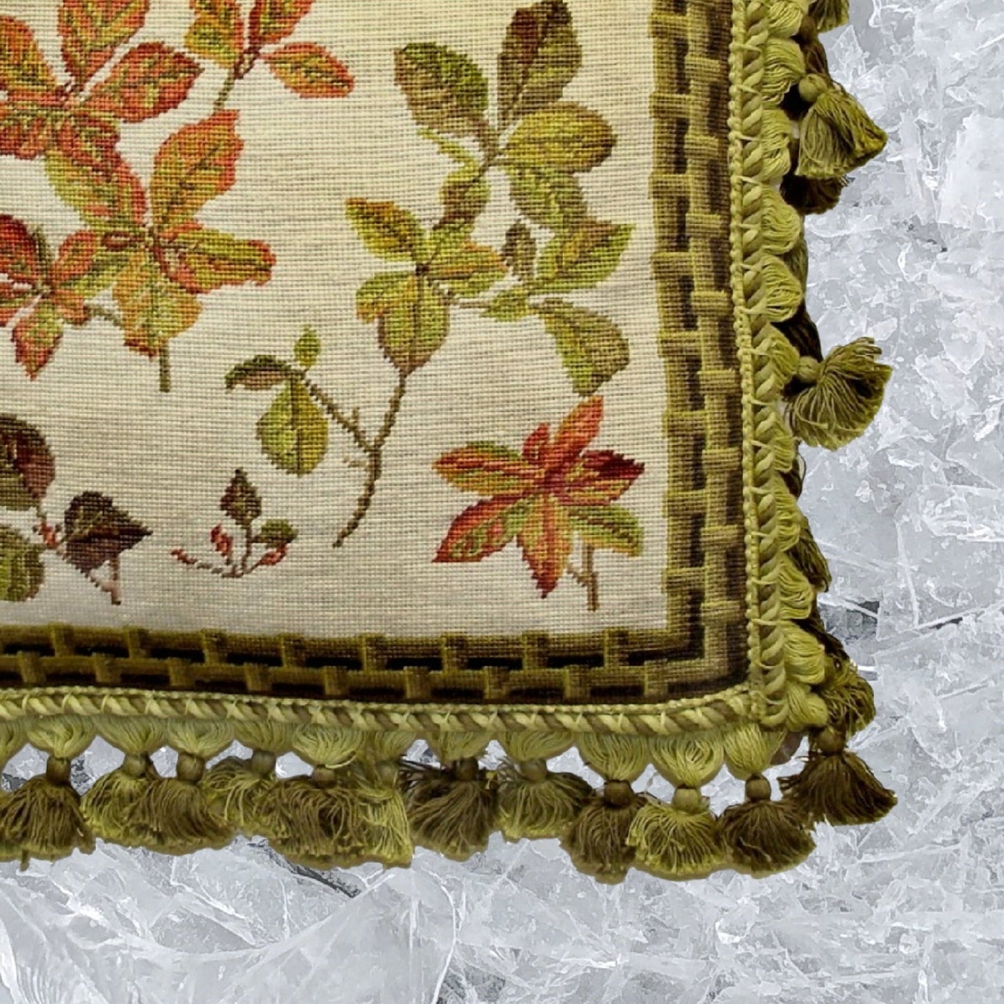 Handmade Wool Needlepoint Pillow Cover - Decorative Throw Cushion Cover - Vintage Floral Embroidery Design leaves bamboo frame with 3 color tassel