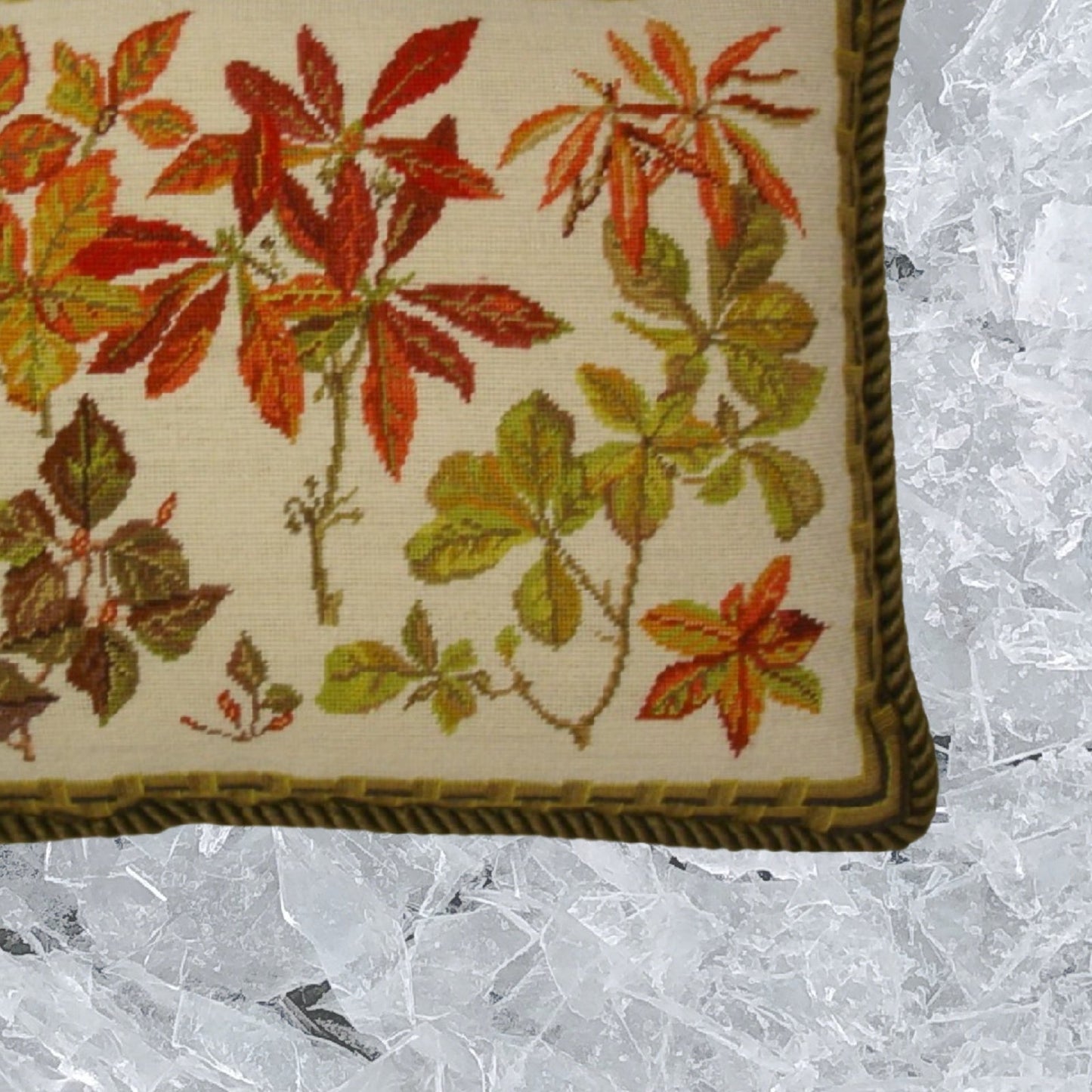 Handmade Wool Needlepoint Pillow Cover - Decorative Throw Cushion Cover - Vintage Floral Embroidery Design banboo frame autumn leaves with cording