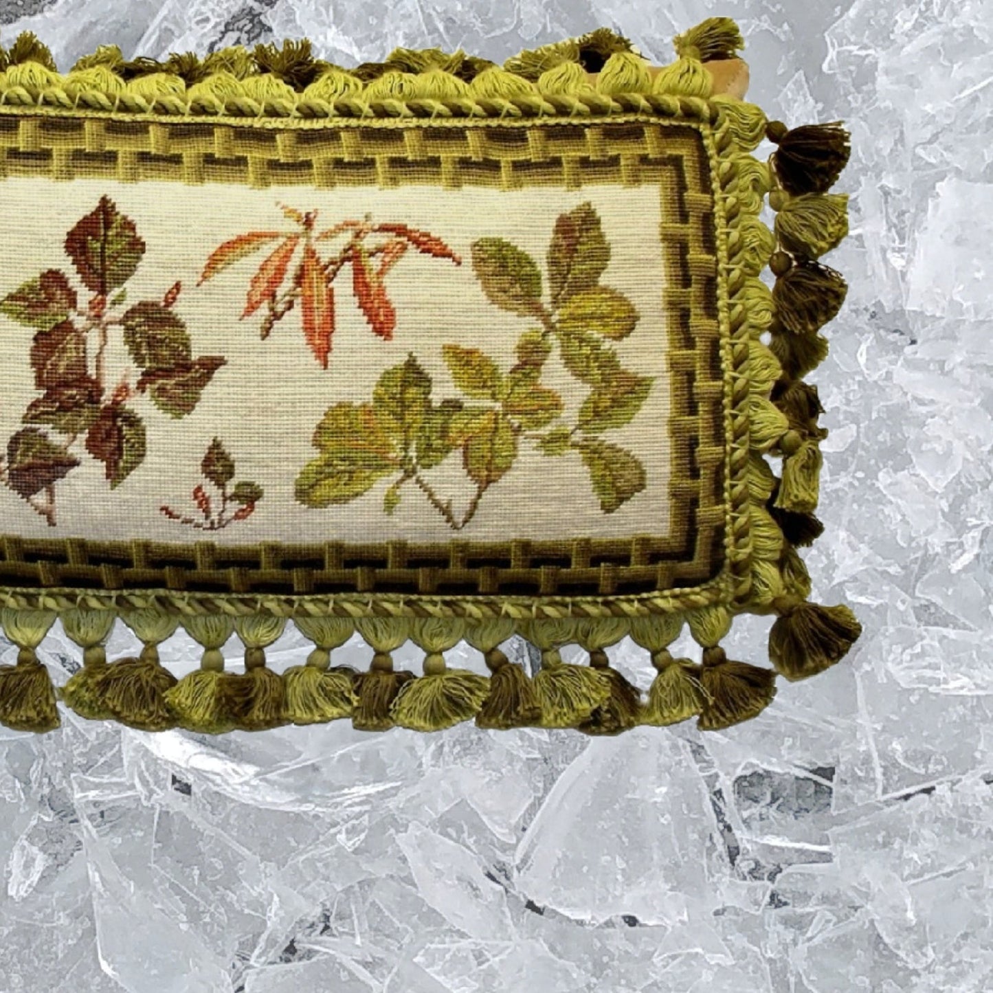 Handmade Wool Needlepoint Pillow Cover - Decorative Throw Cushion Cover - Vintage Floral Embroidery Design leaves with brown bamboo frame 3 color tassels 1
