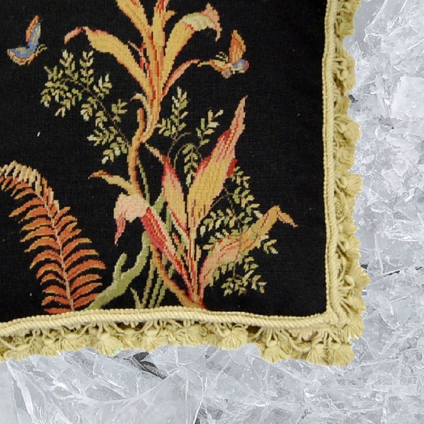 Handmade Wool Needlepoint Pillow Cover - Decorative Throw Cushion Cover - Vintage Floral Embroidery Design tropical fern 2 blue butterflies black background with tassels