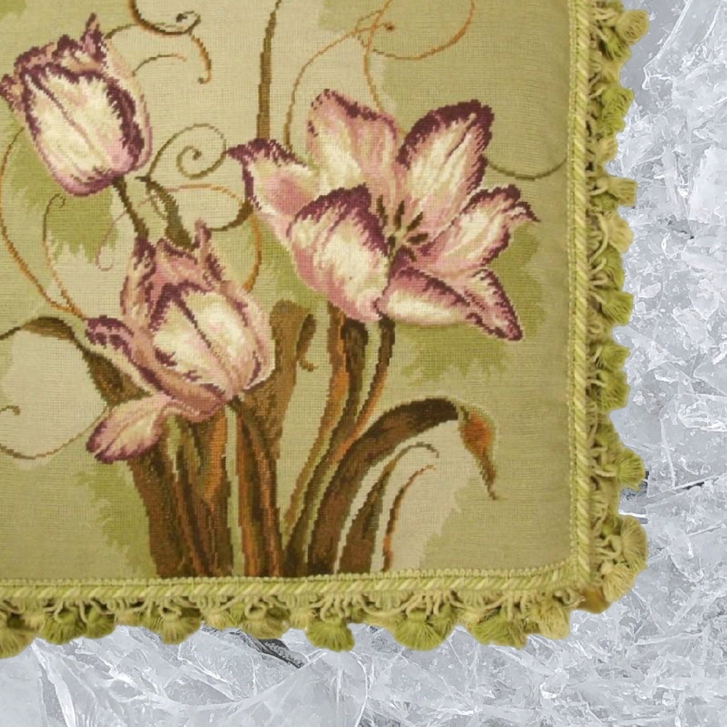 Handmade Wool Needlepoint Pillow Cover - Decorative Throw Cushion Cover - Vintage Floral Embroidery Design Kathryn White designtulip trumeau with tassel