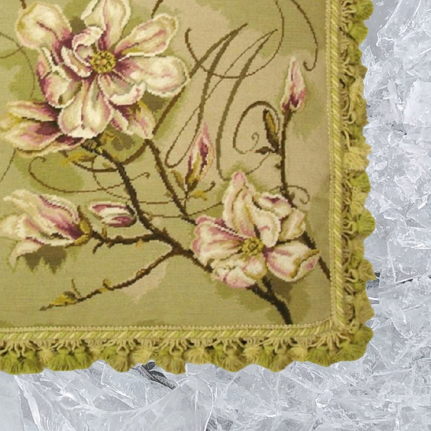 Handmade Wool Needlepoint Pillow Cover - Decorative Throw Cushion Cover - Vintage Floral Embroidery Design Kathryn White designMagnolia Trumeau with tassel