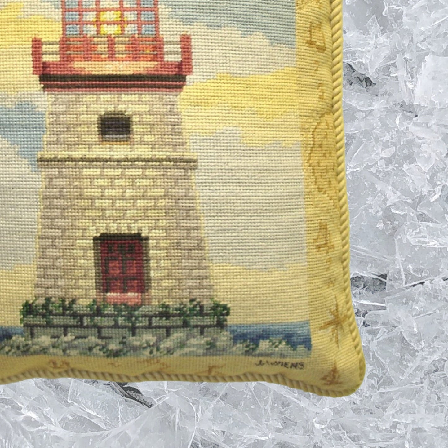 Handmade Wool Needlepoint Pillow Cover - Decorative Throw Cushion Cover - Vintage Floral Embroidery Design James Winess designMapped lighthouse II, & with cording