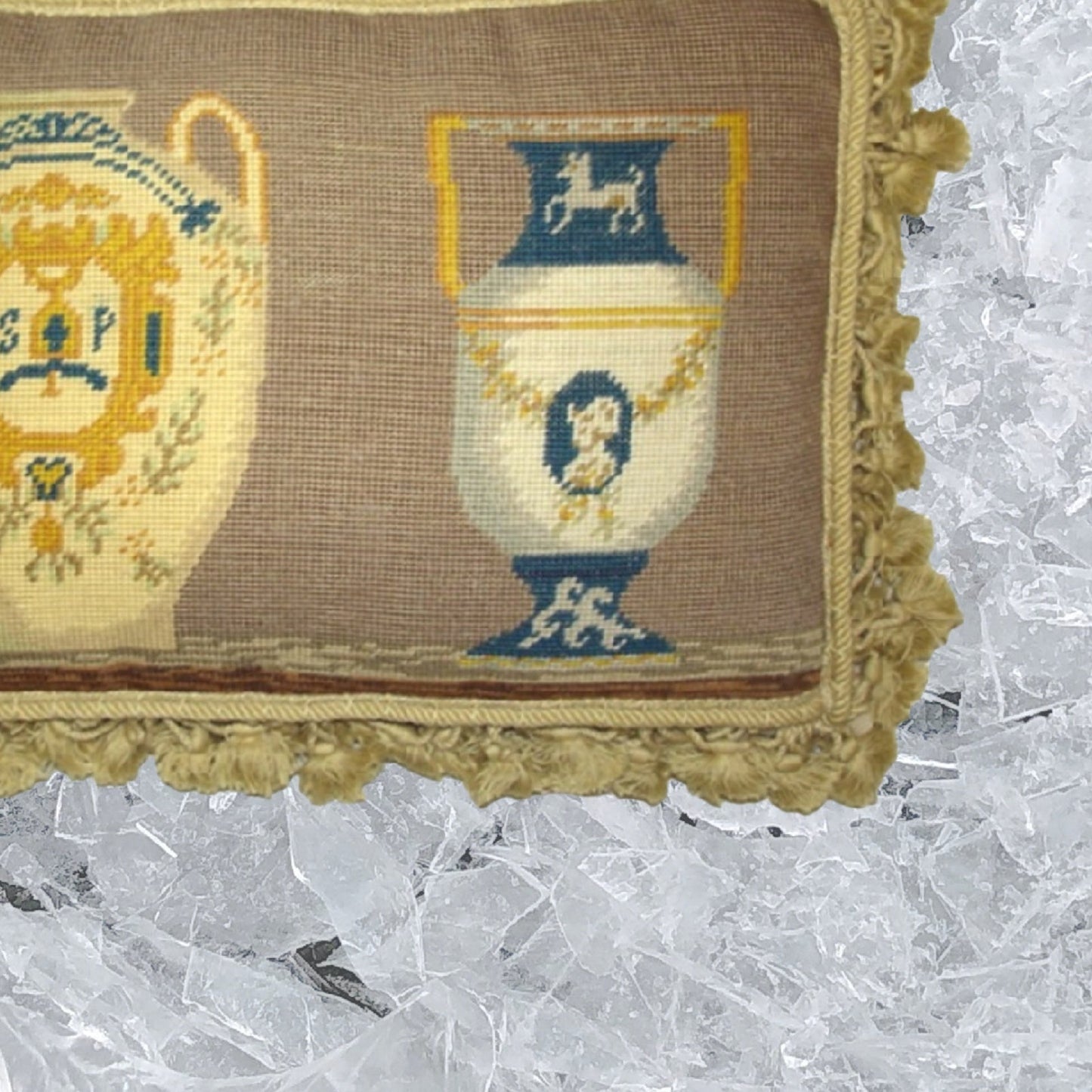 Handmade Wool Needlepoint Pillow Cover - Decorative Throw Cushion Cover - Vintage Floral Embroidery Design French antique Napoleon Bonaparte vases with tassels