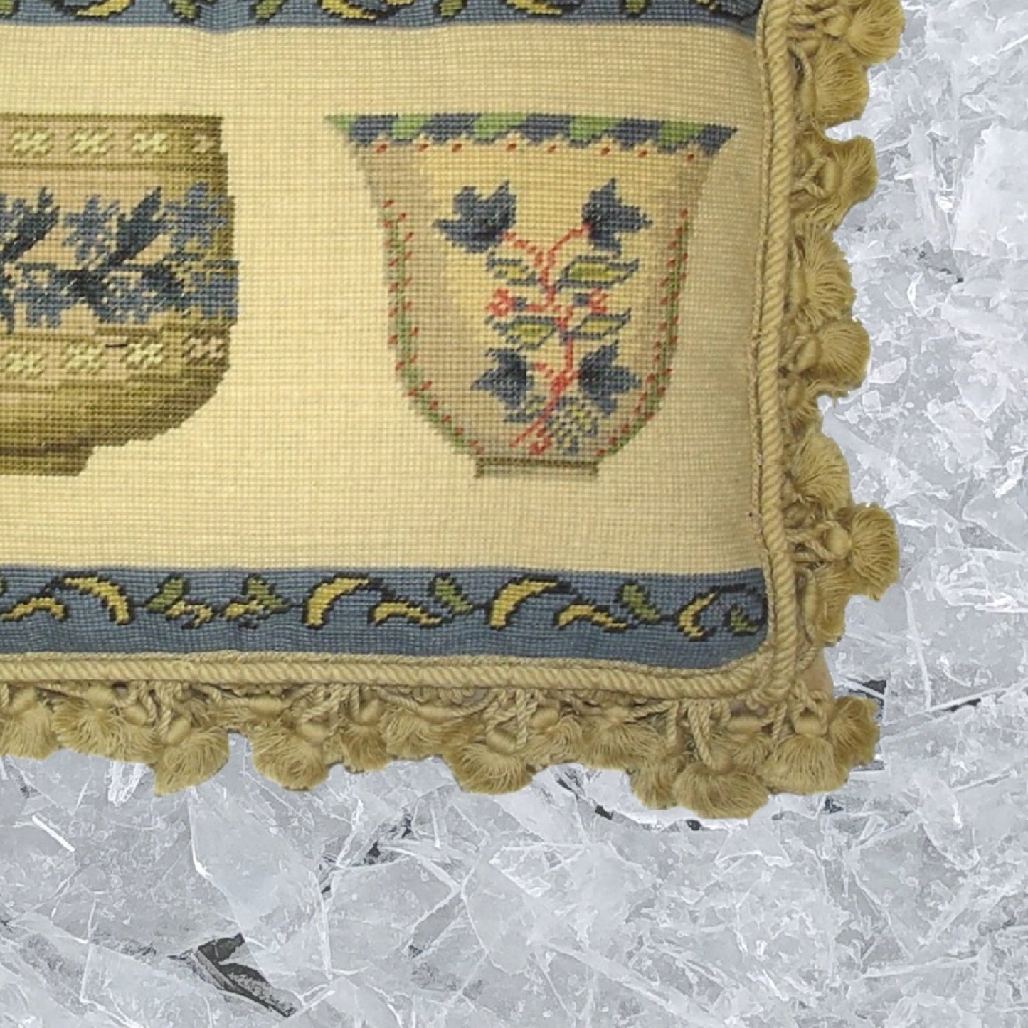 Handmade Wool Needlepoint Pillow Cover - Decorative Throw Cushion Cover - Vintage Floral Embroidery Design French antique bowl set with tassels