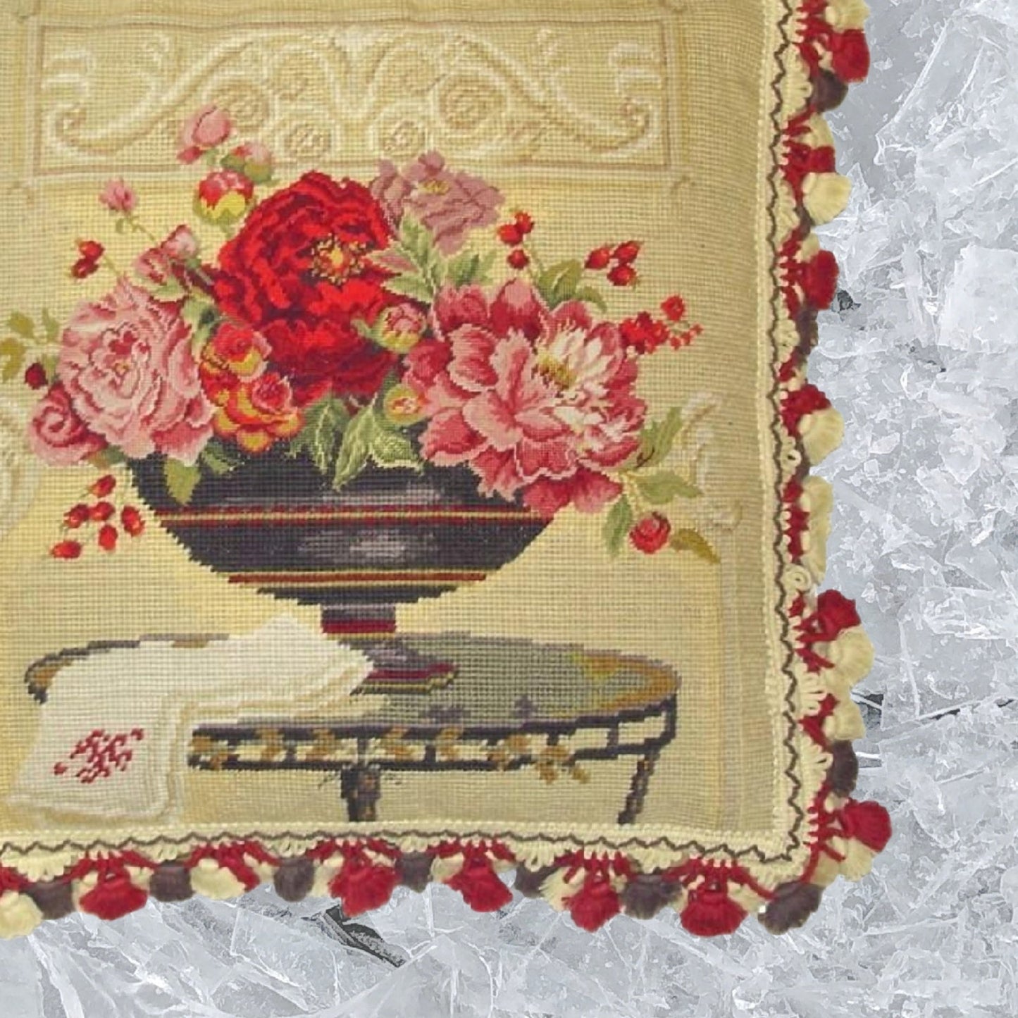 Handmade Wool Needlepoint Pillow Cover - Decorative Throw Cushion Cover - Vintage Floral Embroidery Design Kathryn White Design a