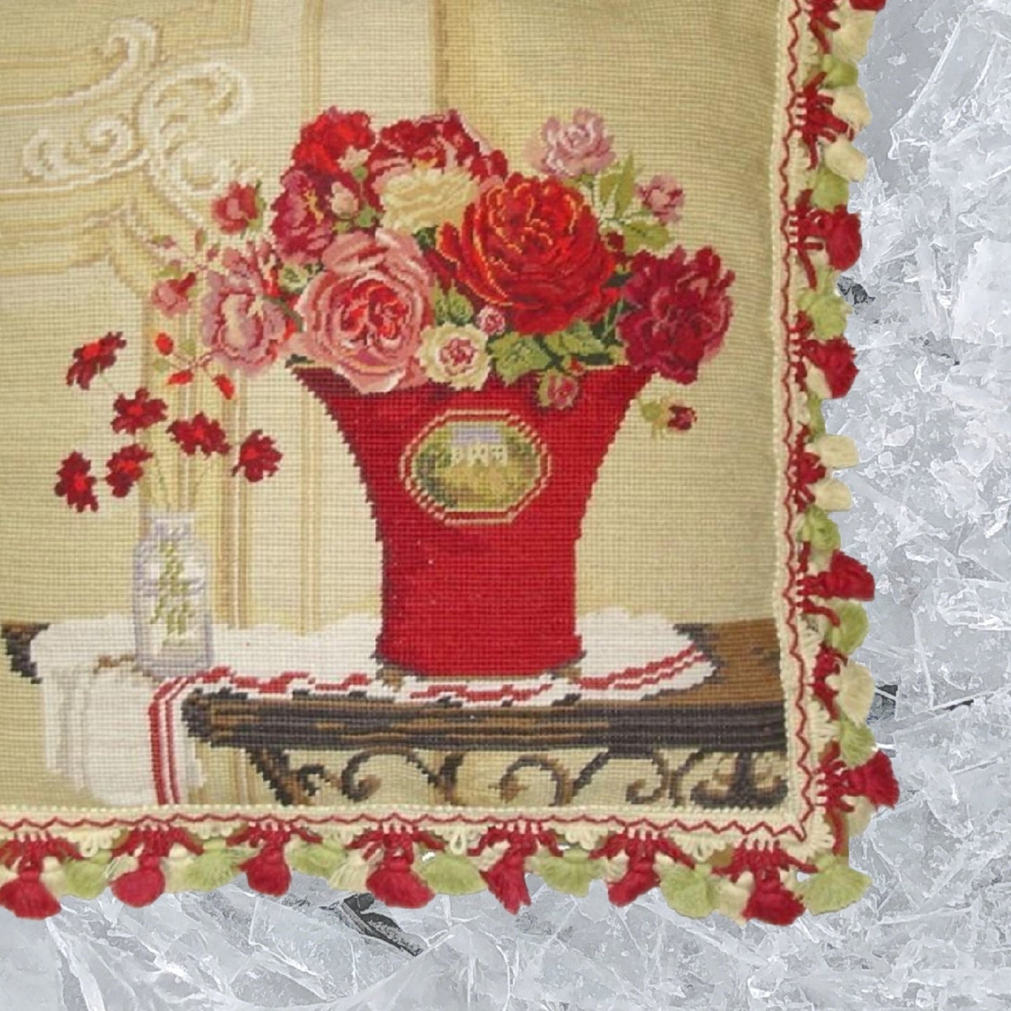Handmade Wool Needlepoint Pillow Cover - Decorative Throw Cushion Cover - Vintage Floral Embroidery Design Kathryn White Design b