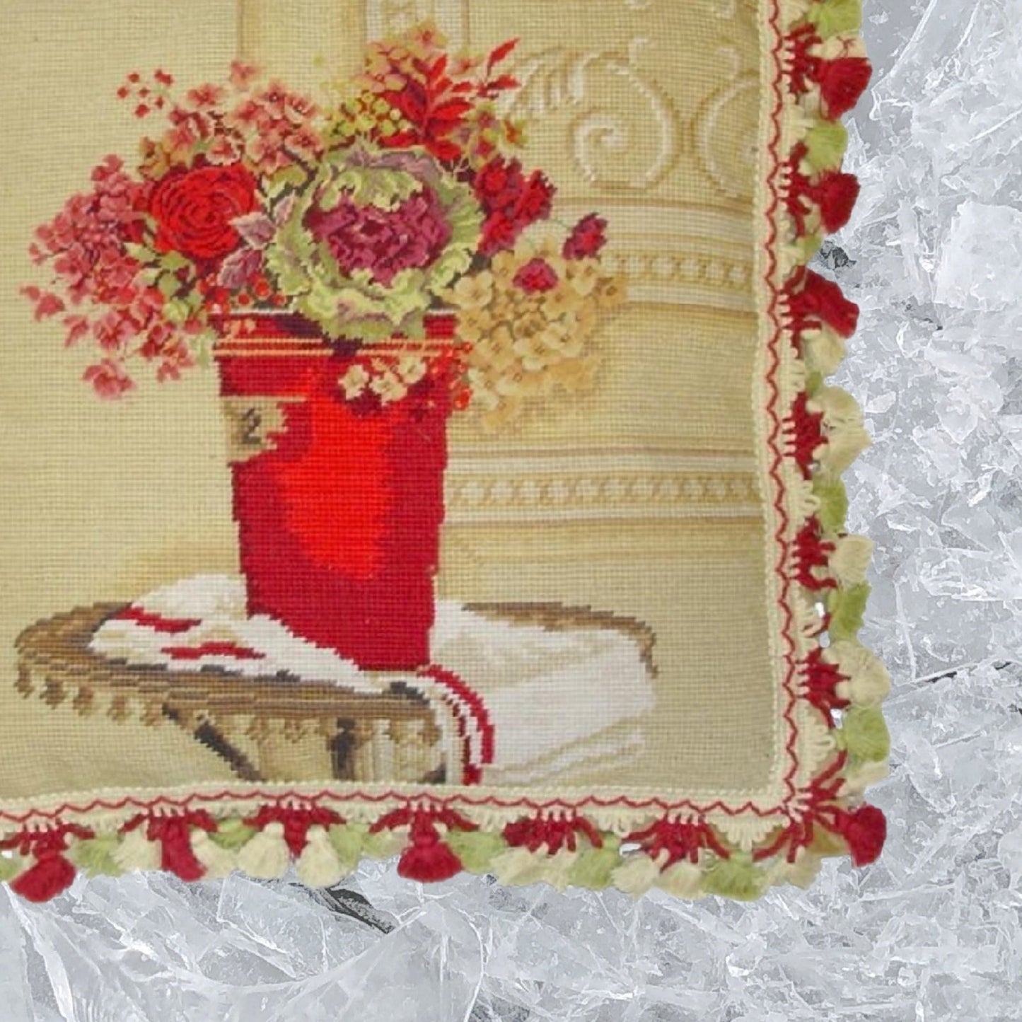 Handmade Wool Needlepoint Pillow Cover - Decorative Throw Cushion Cover - Vintage Floral Embroidery Design Kathryn White Design c