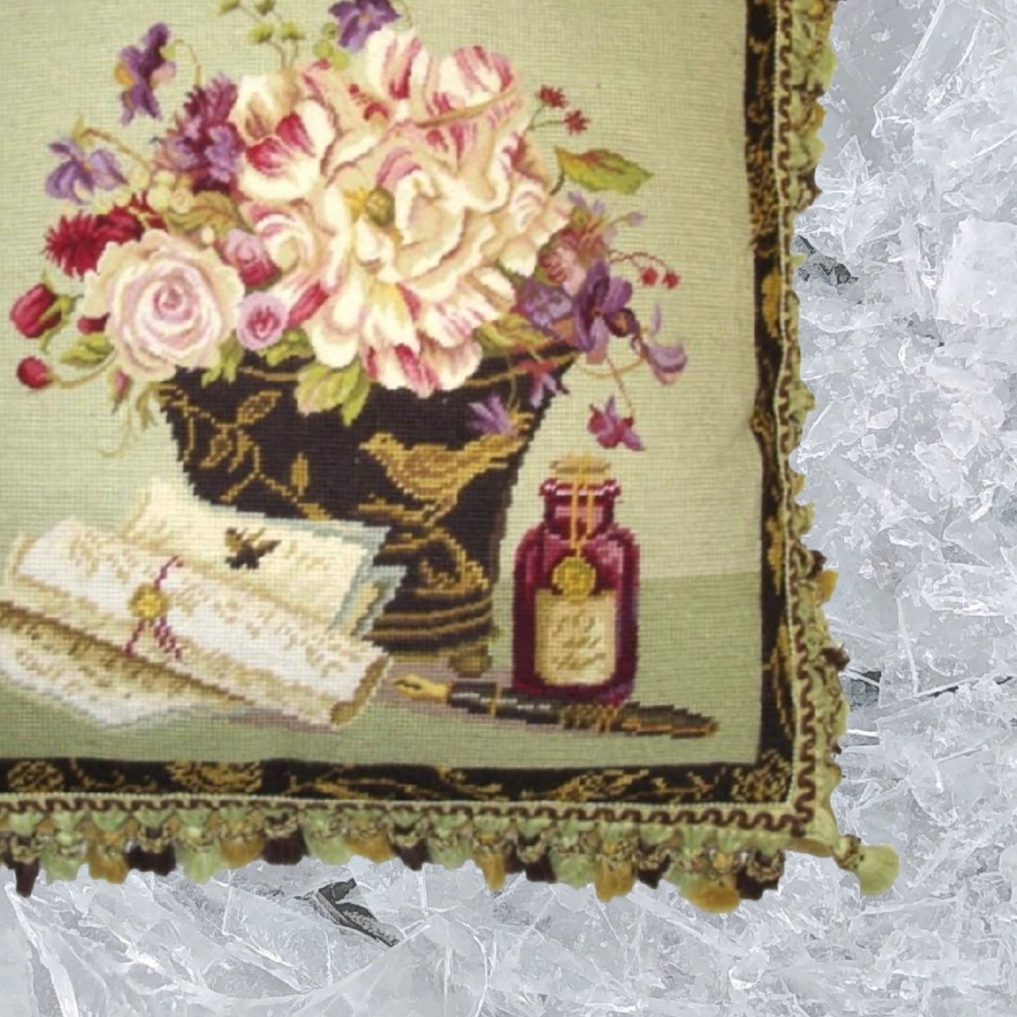 Handmade Wool Needlepoint Pillow Cover - Decorative Throw Cushion Cover - Vintage Floral Embroidery Design Kathryn White Design g