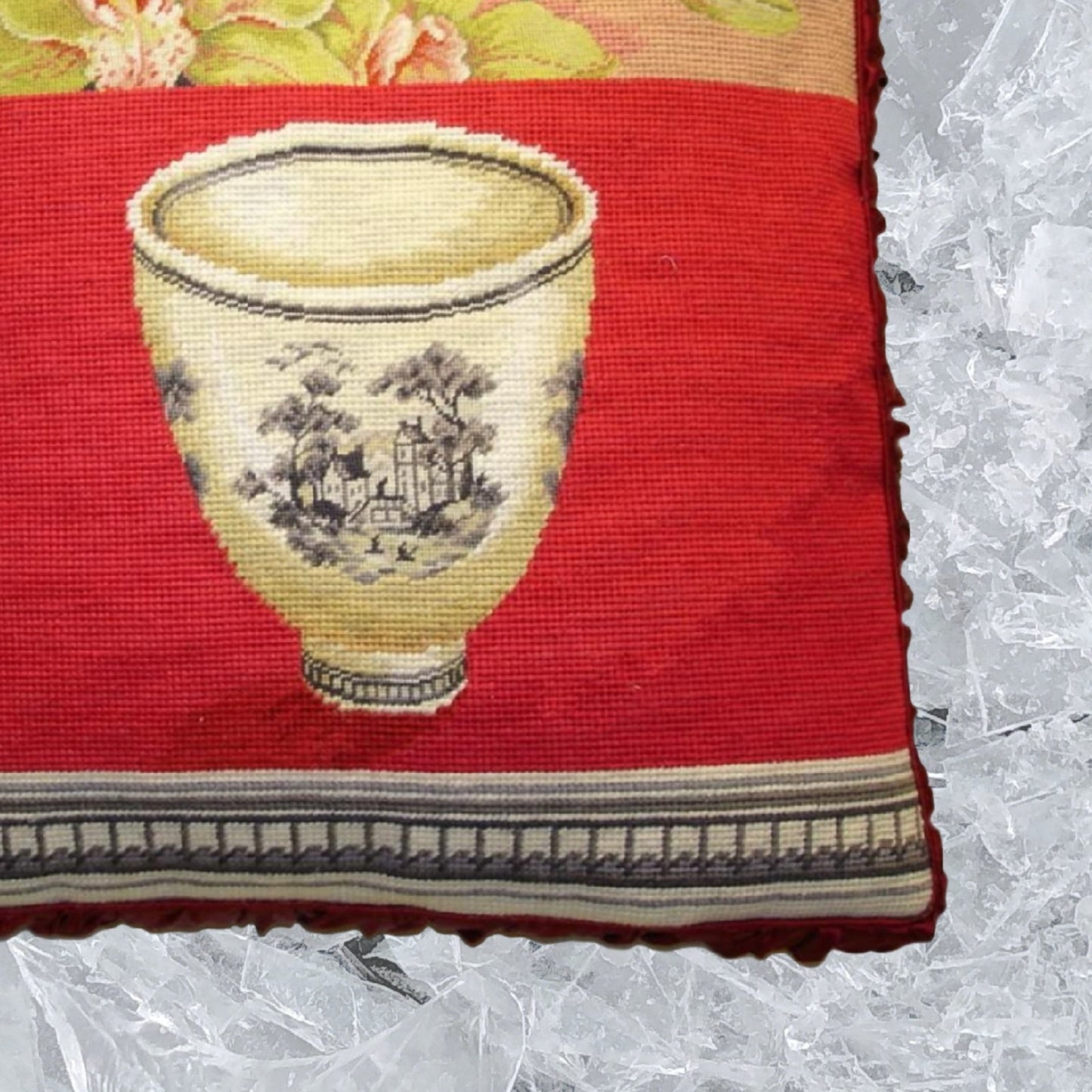 Handmade Wool Needlepoint Pillow Cover - Decorative Throw Cushion Cover - Vintage Floral Embroidery Design Kathryn White Design O