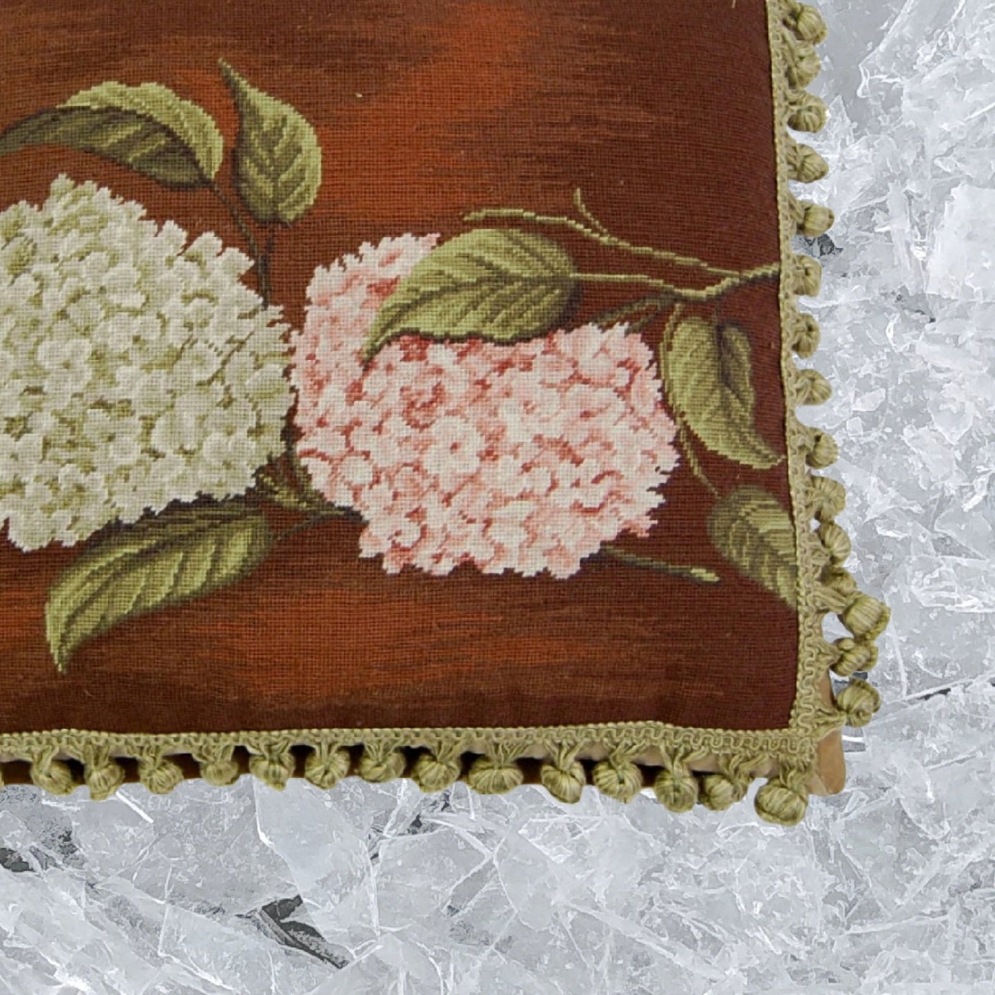Handmade Wool Needlepoint Pillow Cover - Decorative Throw Cushion Cover - Vintage Floral Embroidery Design brown background pink & green hydrangea with tassels